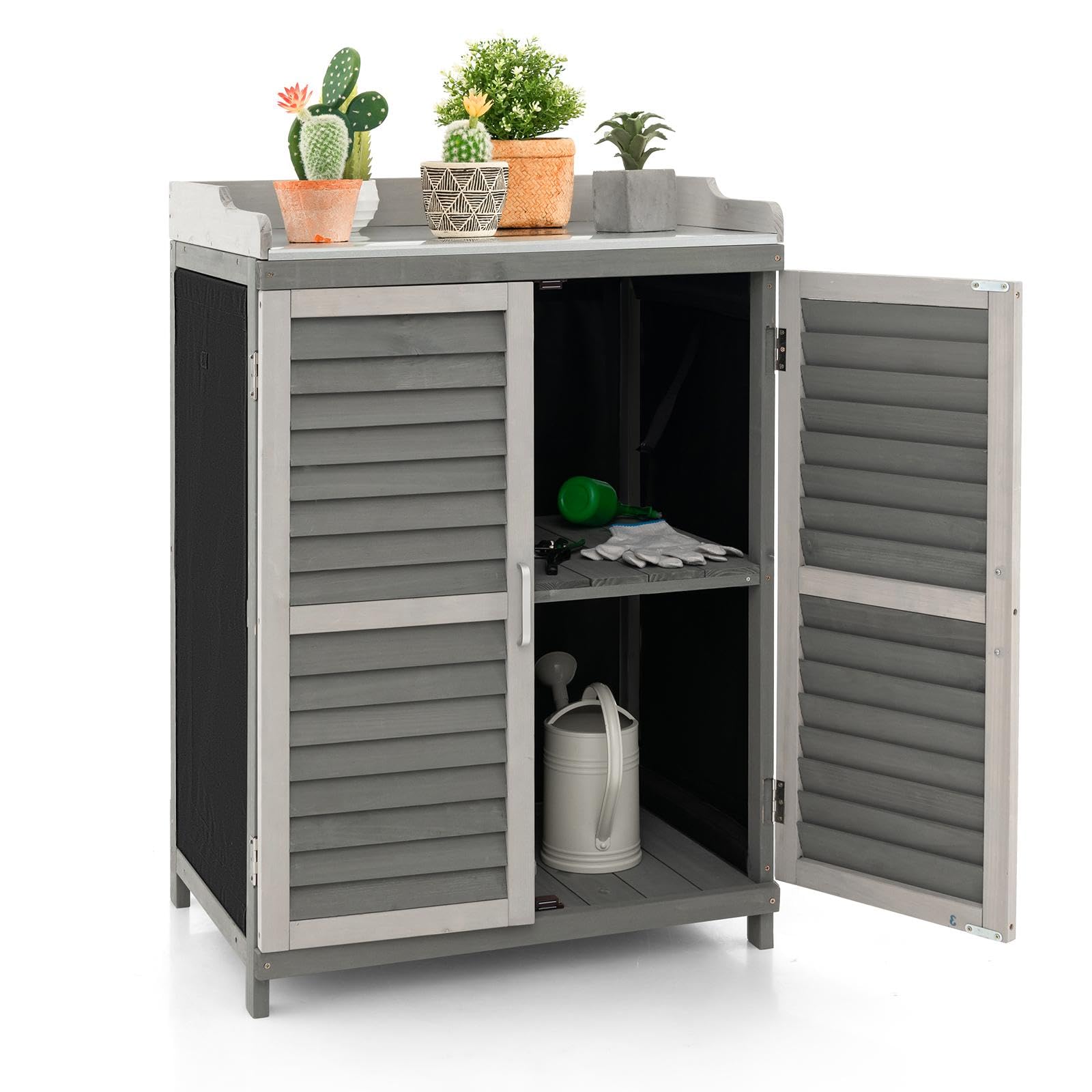GOPLUS Table de Rempotage de Jardin en Bois de Sapin, 67 x 46 x 99,5 CM, Armoire de Rangement Extérieur, Plateau en Métal, Étagère, 2 Porte Magnétique Persiennes, Rideaux Latéraux, pour Outil, Plante