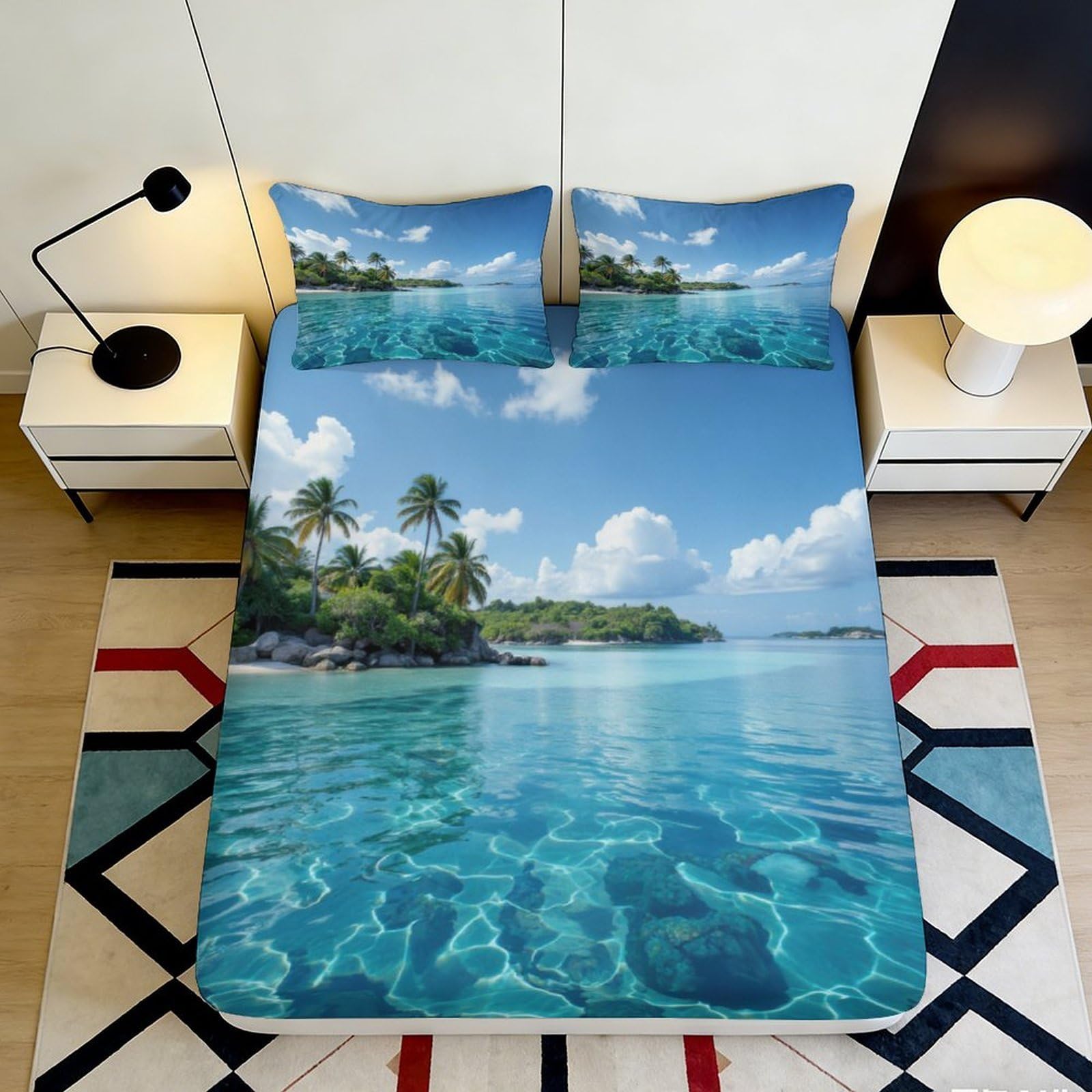 Jqzkxnhpbr Style-8 3D Printed Tropical Island Fitted Sheet Microfiber Ocean View Bed Cover Anti-Slip Washable For Bedroom Guest Room Decor 90X200x25cm