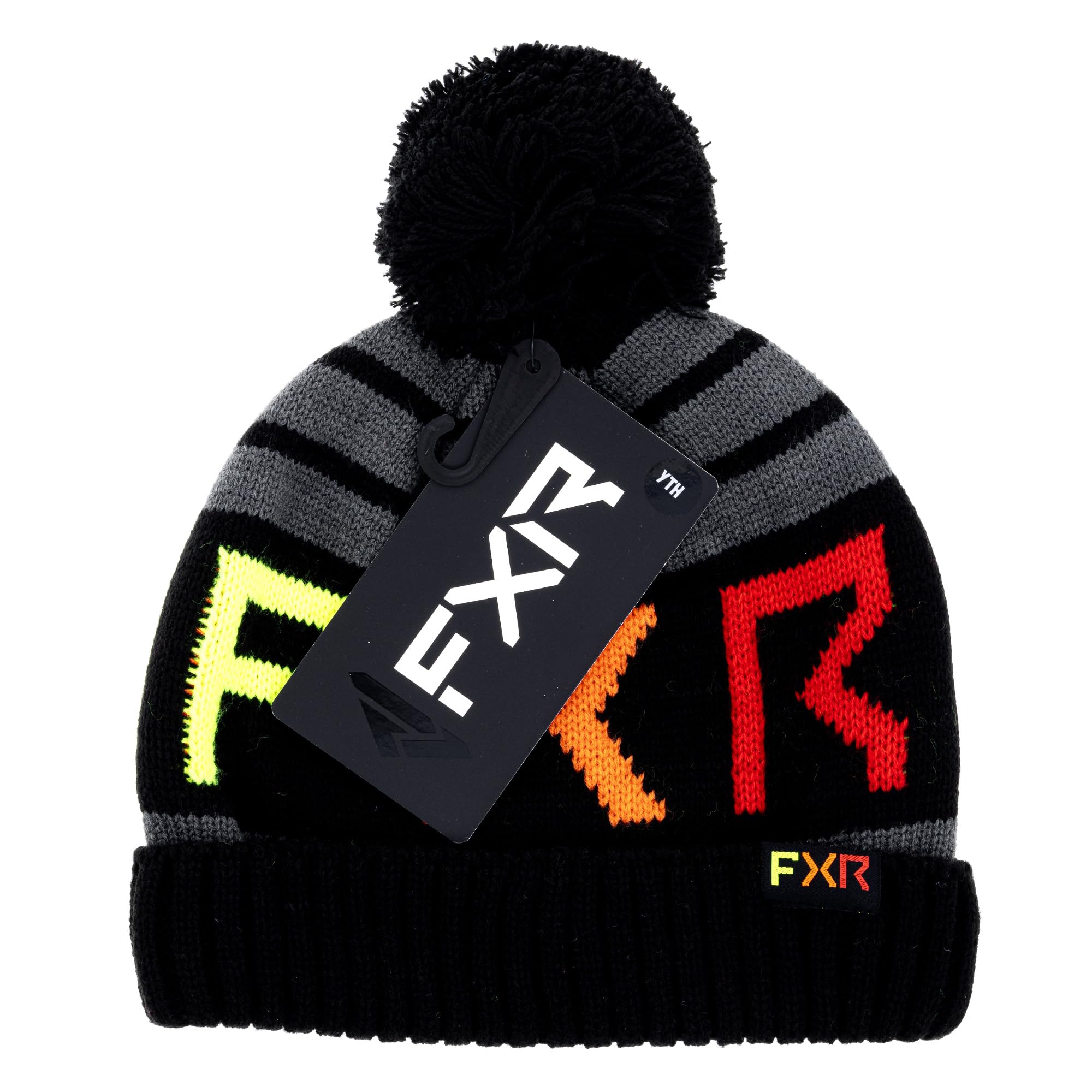FXR Youth Helium Beanie Soft Acrylic Classic Skull Fit Fold Up Rib Cuff Pompom - Black/Inferno - One Size