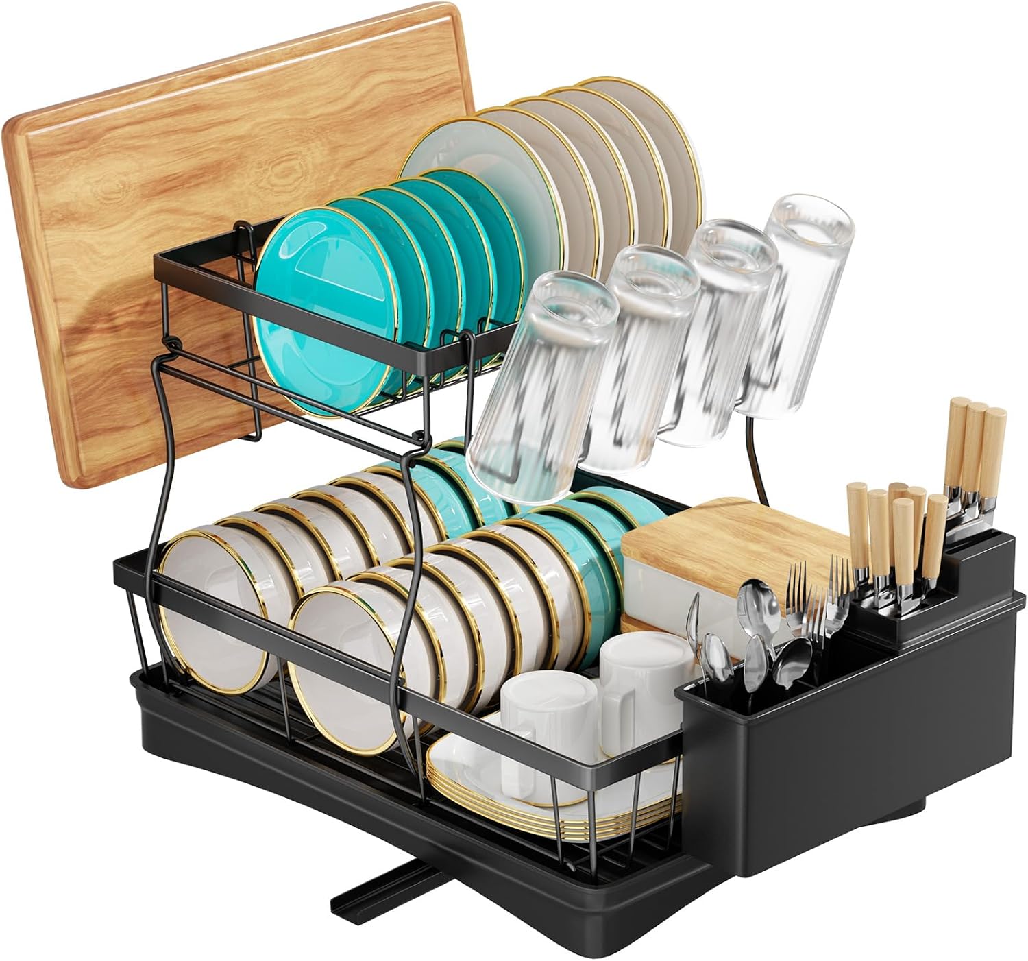 TidyIsles Dish Drainer Rack - 2 Tier Dish Rack with Utensil Holder, Dish Rack for Kitchen Counter, Sink Drainer Rack with Drain Board Rack, Black