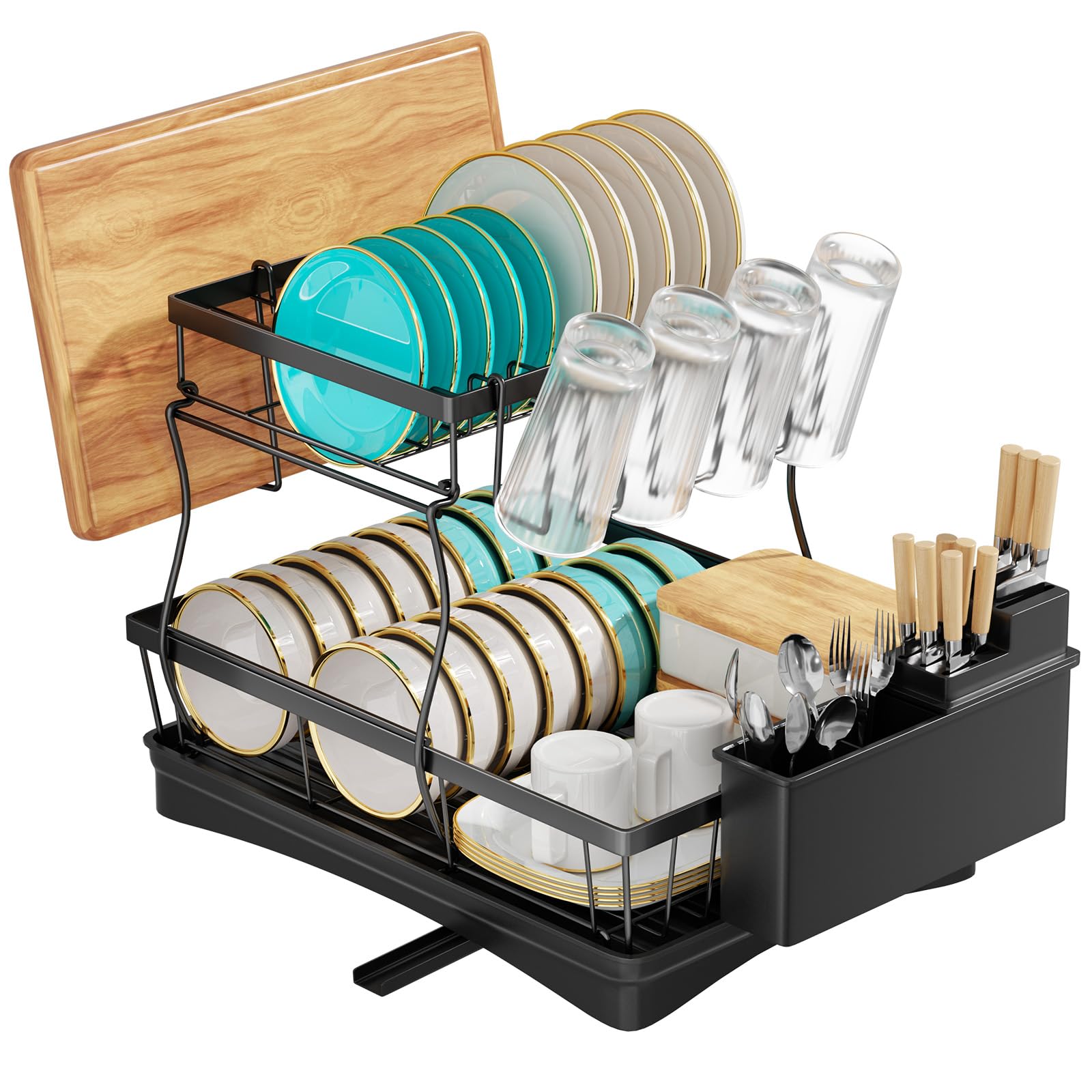 Escurreplatos – Escurridor de platos de 2 niveles que ahorra espacio con soporte para utensilios, escurridor de platos para encimera de cocina, escurridor de fregadero con estante para tabla