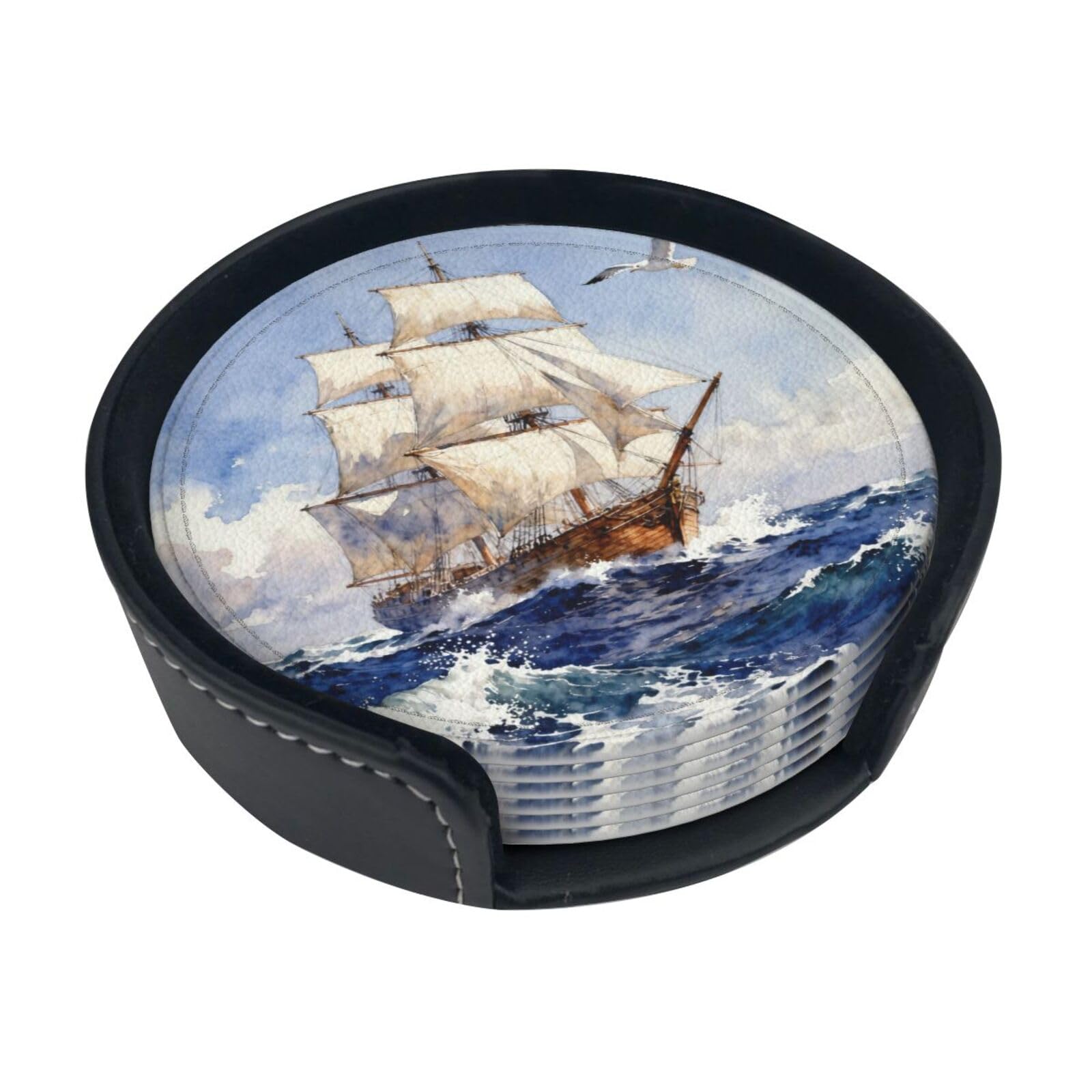 Cntdbu White Sailing Ship Ocean Leather Coasters Set Of 6-Pu Leather Drink Mats For Table, Heat Resistant Round Coasters With Holder