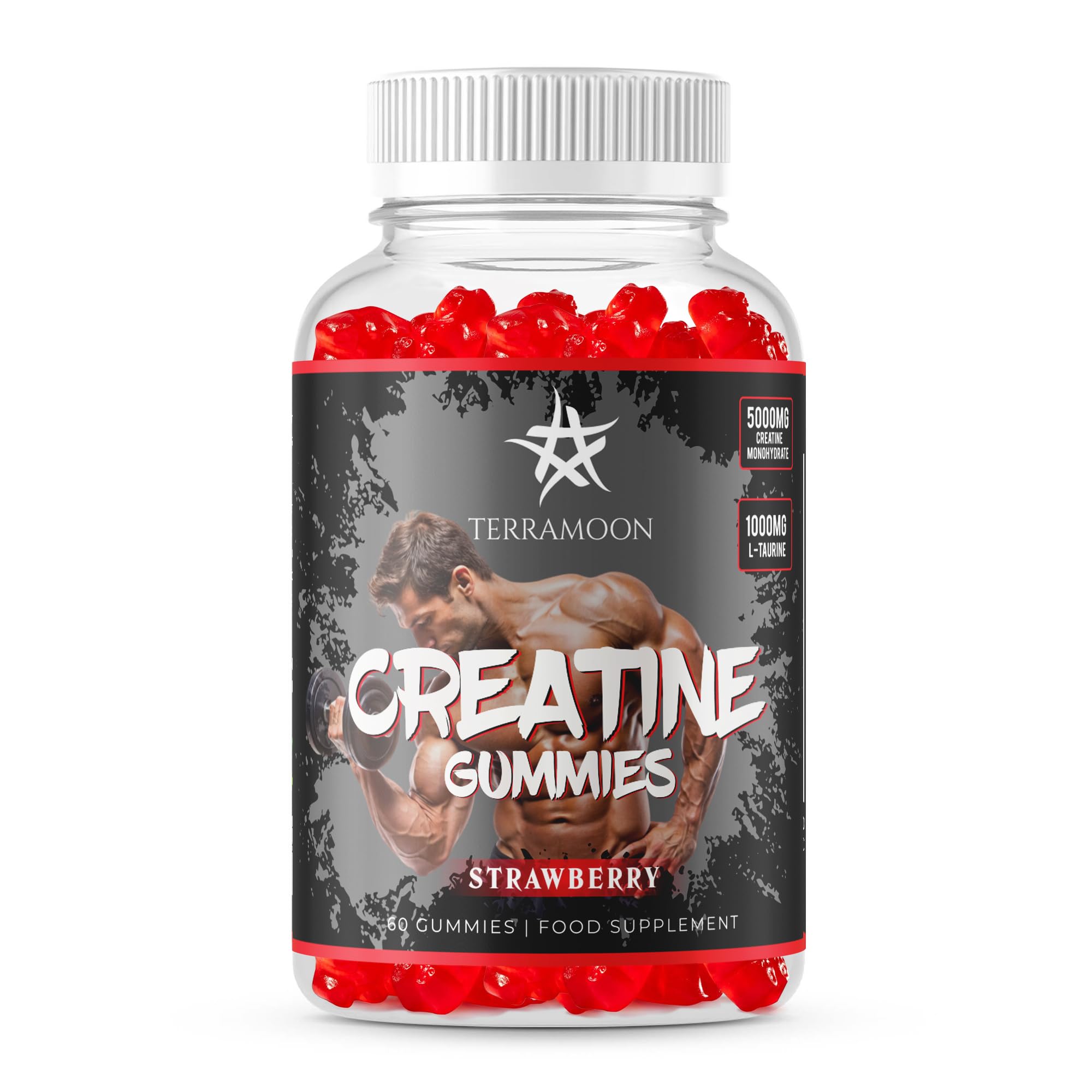 60 Creatine Gummies, 30 Day Supply, Sugar Free, 5000mg Creatine per Serving, 1000mg L-Taurine, Vitamin B12 200m, Strawberry Flavour