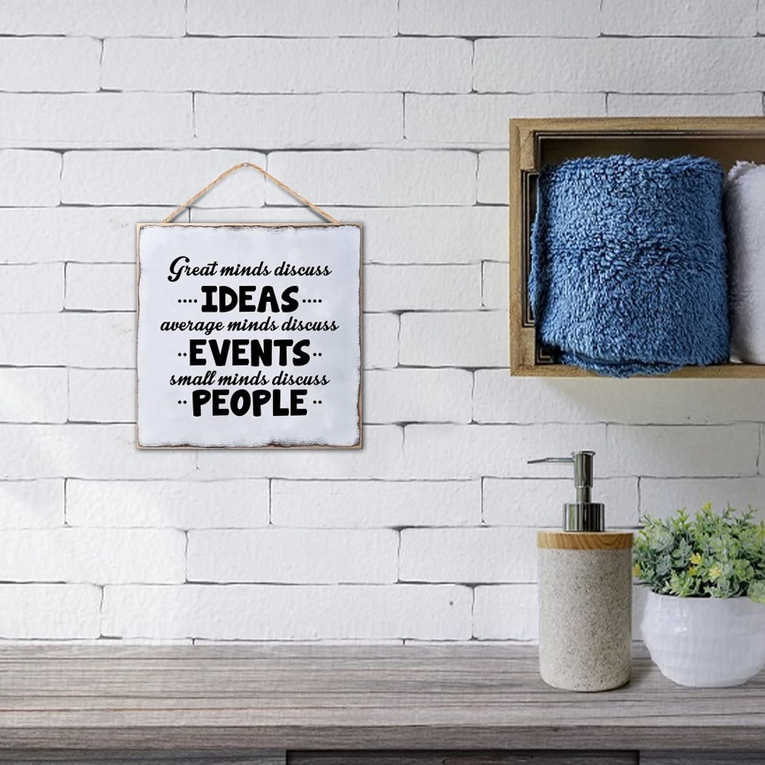 Vintage Style Wood Sign Phrase Great Minds Discuss Ideas Average Minds Discuss Events Small Minds Discuss People Wall Hanging Art Wooden Plaque for Living Room Farmhouse Dinning Room Decor 12x12in