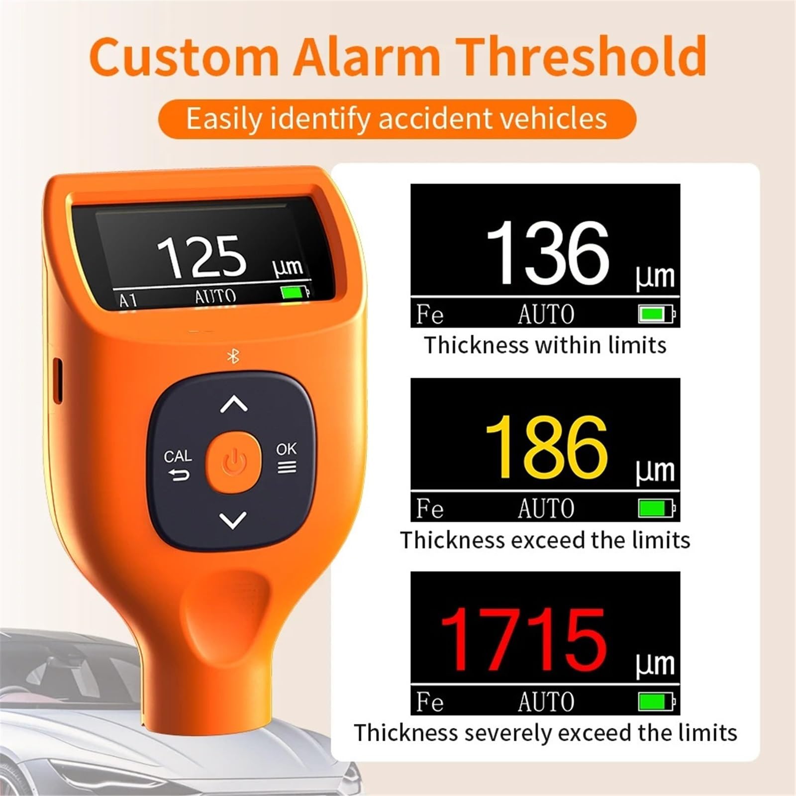 0-9900μm Tester grubości powłoki lakierniczej Wbudowany ekran LCD Bluetooth Auto Samochodowy miernik grubości folii Fe NFe Sonda miernika(CTG-1)