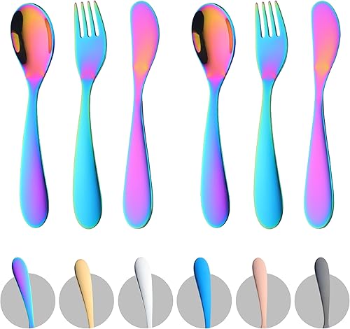 Juego de cubiertos de acero inoxidable para niños de 6 piezas, 2 tenedores seguros para niños + 2 cucharas de bebé + 2 cuchillos para niños