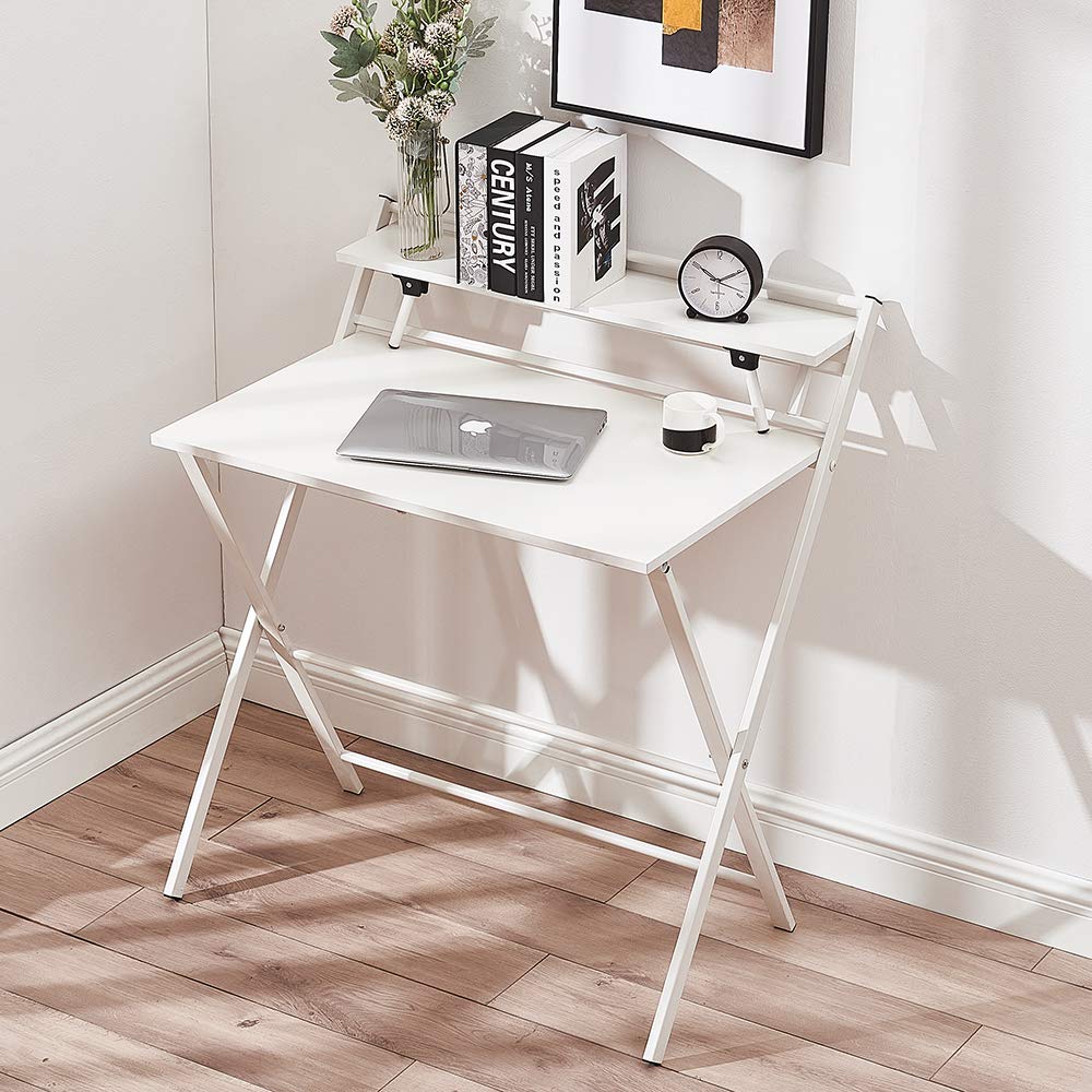 Panana Folding Table Foldable Computer Laptop Desk Study Writing Portable Home Office Desk With Bookcase Shelf (White)