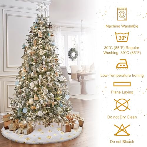 Miniatura 12 de AerWo Falda de árbol de Navidad de 48 pulgadas, falda grande de árbol de Navidad de piel sintética con copos de nieve de lentejuelas plateadas