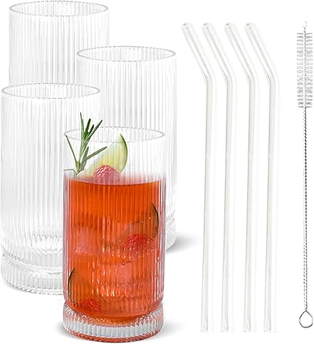 Vasos acanalados de 16 onzas, cristalería acanalada, juego de 4 vasos altos vintage acanalados, vasos de cóctel estilo origami, tazas de vidrio
