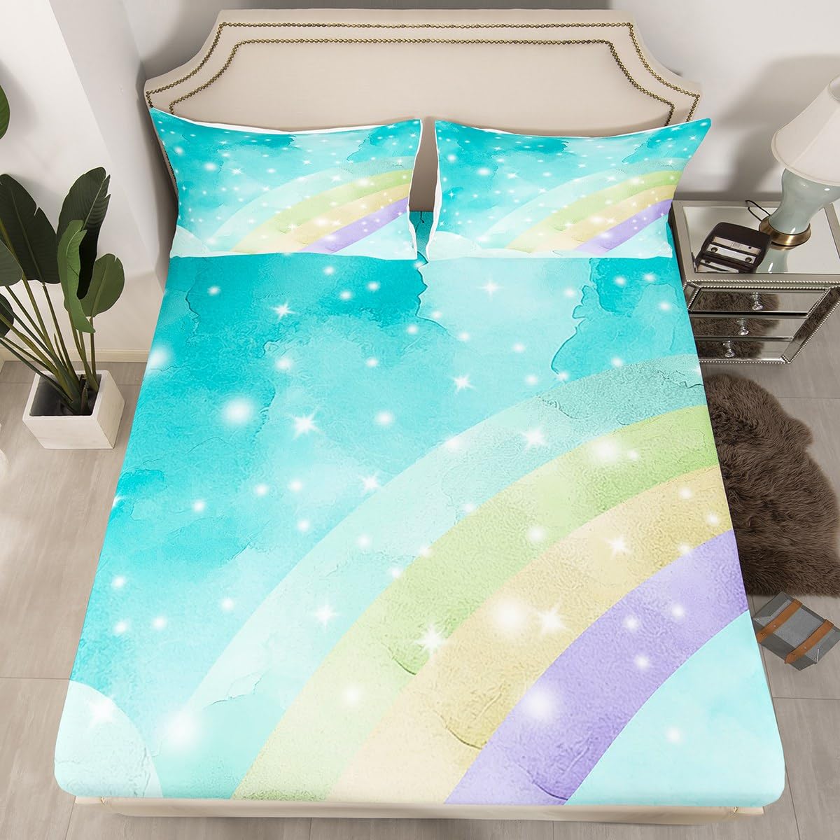 Erosebridal Girly Teal Fitted Sheet,Queen Cartoon Rainbow Bed Sheets for Kids Boys Girls,Tie Dyed Bed Cover,Ombre Bedding Set with 2 Pillowcases Wrinkle Free