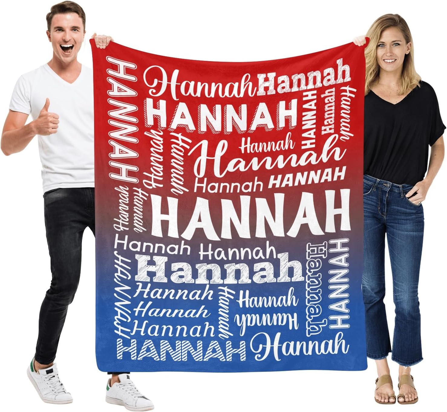 zaaprintblanket Red Blue Personalized Blankets with Name Custom Flannel Throw Blankets for Kids Adults Christmas Birthday Gift 60'' x 80''