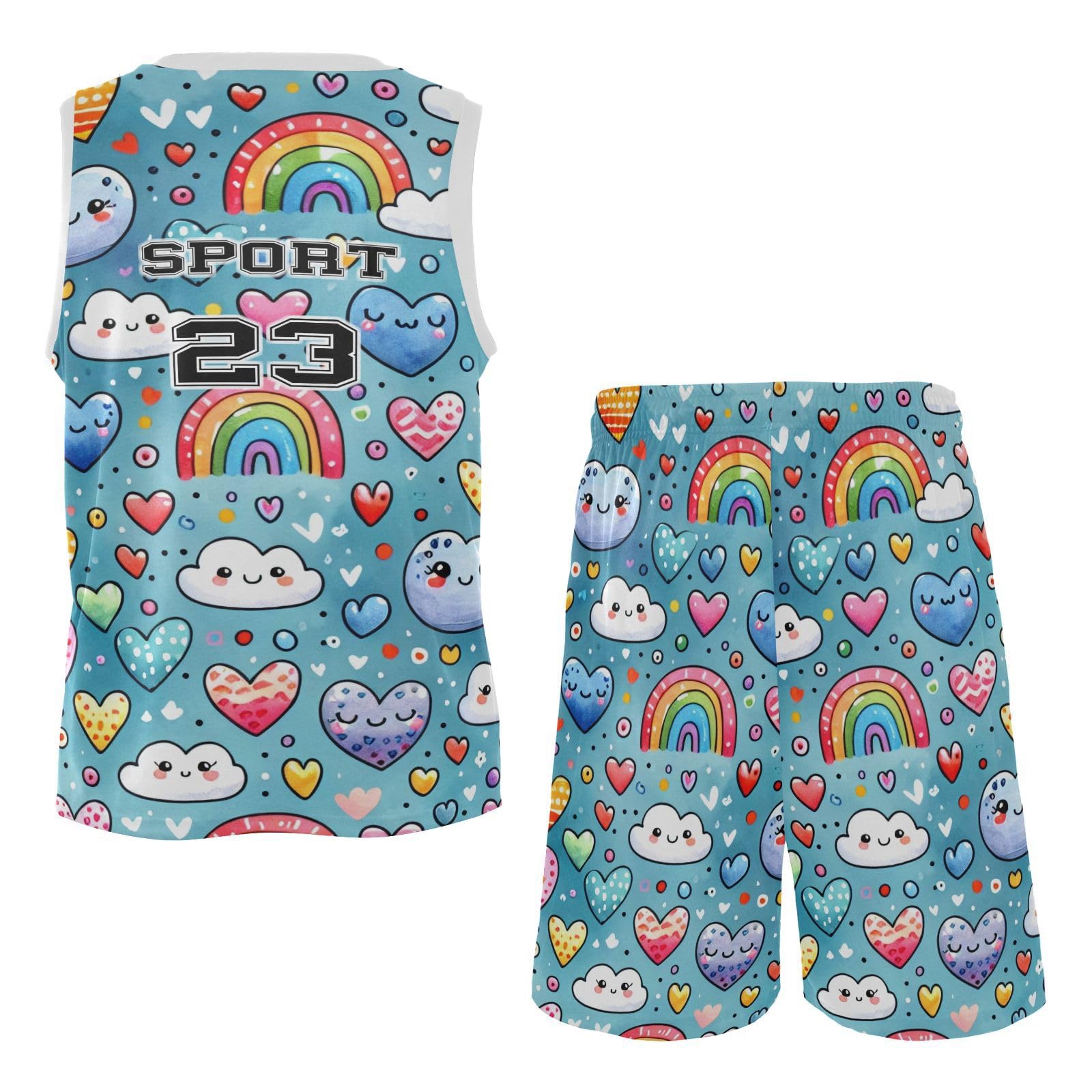 FLildon Colorful Clouds Rainbows Boys Basketball Jersey Set Tank Top Shorts Tracksuit Sport Training Suit for Kids, XL