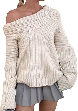 Unybwonn Women Off Shoulder Sweater Top Long Sleeve Knitted Pullover Casual Loose Oversized Trendy Vintage Knitwear Tops