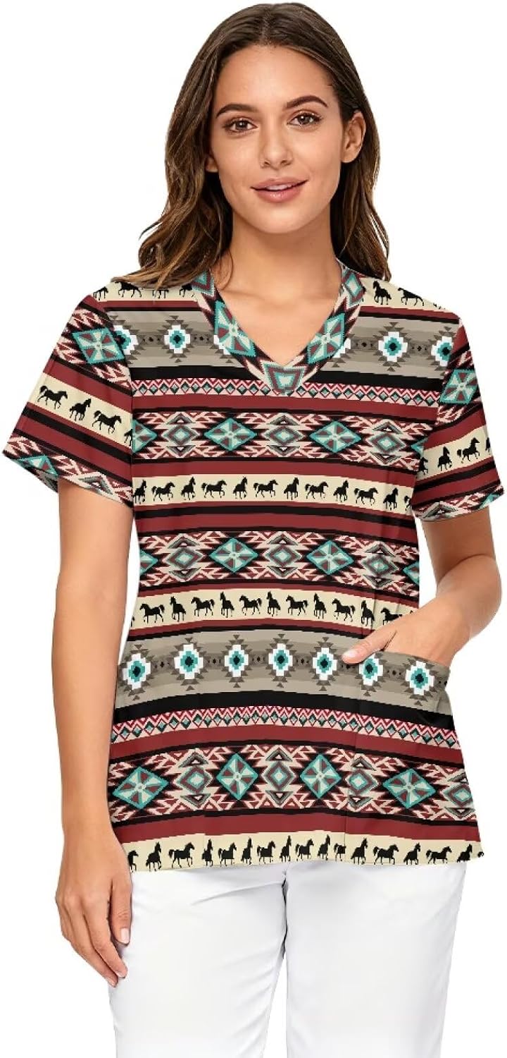 Scrubs for Women V Neck Cute Printed Scrub Tops Medical Nurse Shirt Soft Casual Uniform with Pockets