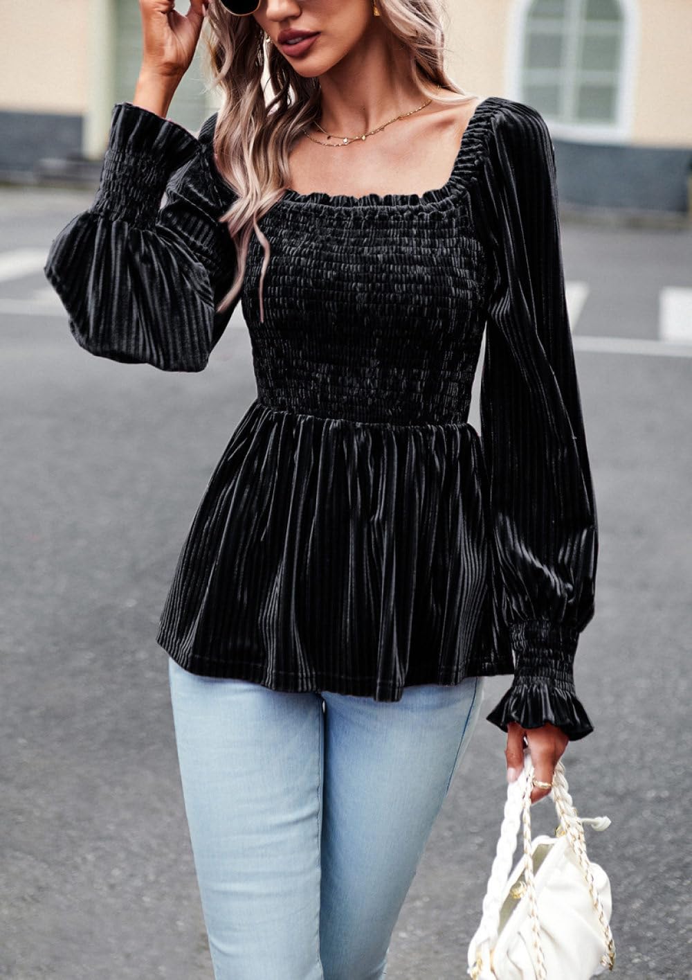 Camicia Donna Elegante,Camicetta Casual Da Donna Con Scollo Quadrato In Velluto, Camicia Pullover Rosa, Avvolgente Elastica, A Pieghe, Vestibilità Slim, Elegante Tunica, Camicia A Maniche Lunghe, E