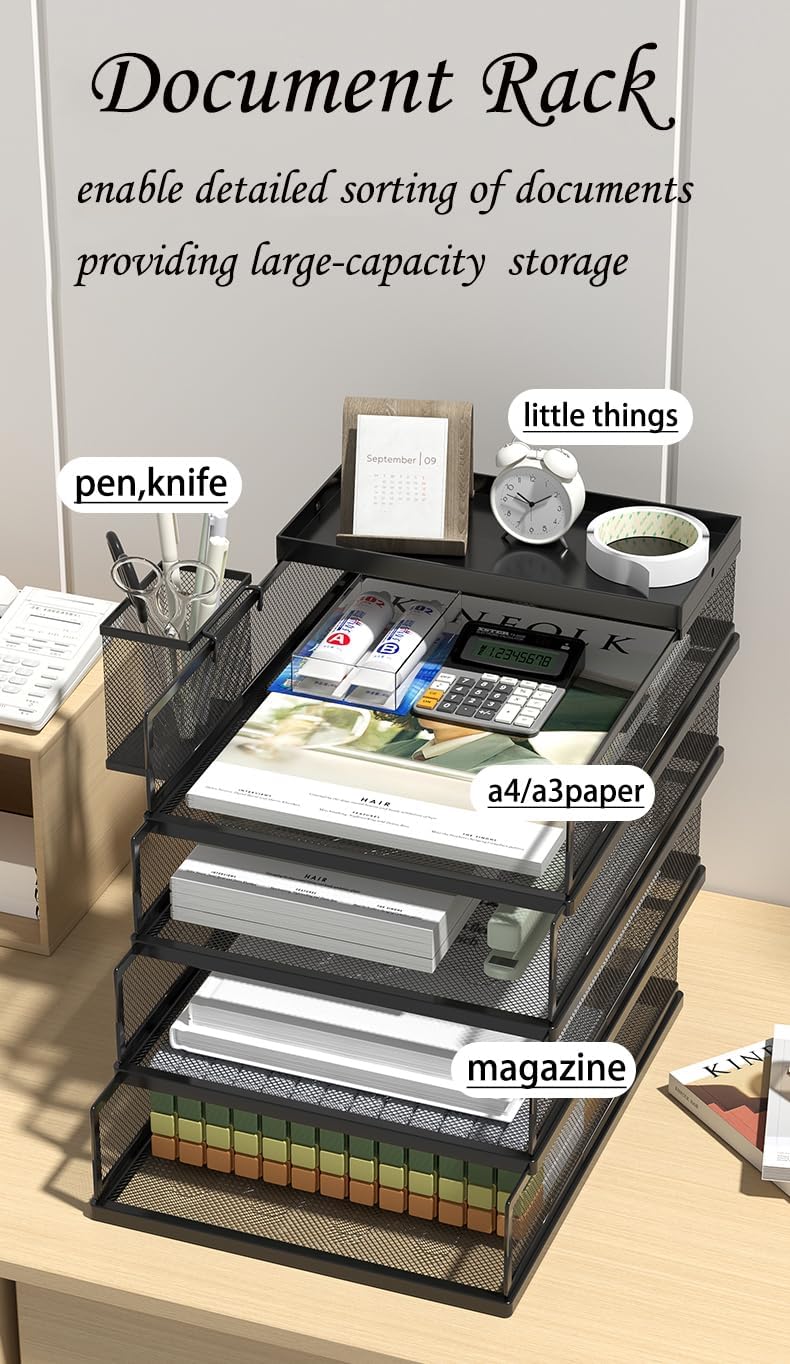 2/3/4-Tier Desk Organizer,Stackable Paper Tray,Metal Mesh Desktop Organizer, Paper Sorter, Letter Trays,File Document Storage Rack for for Home, Office, School, Black/White (2-Tier, Black)
