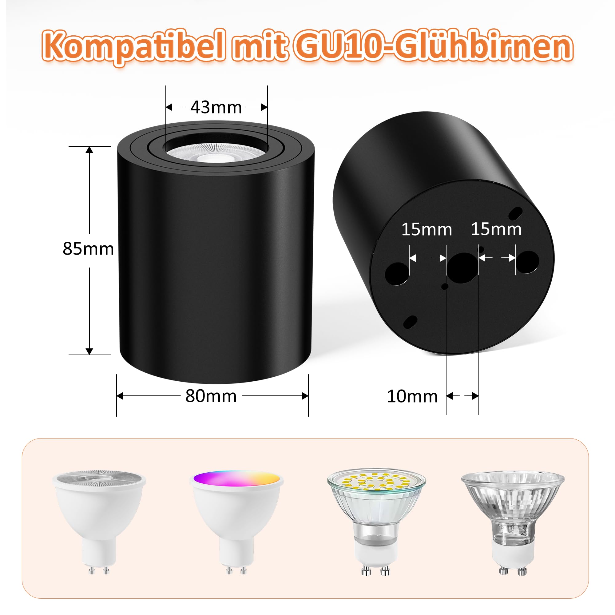 4 Stück LED Aufbauspot RGBW & Dimmbar, Deckenspot mit GU10 Fassung | Deckenstrahler 30°Schwenkbar 230V 6W RGB Kaltweiß 6500K, Aufbaustrahler mit Fernbedienung Aluminium Aufputz Spots