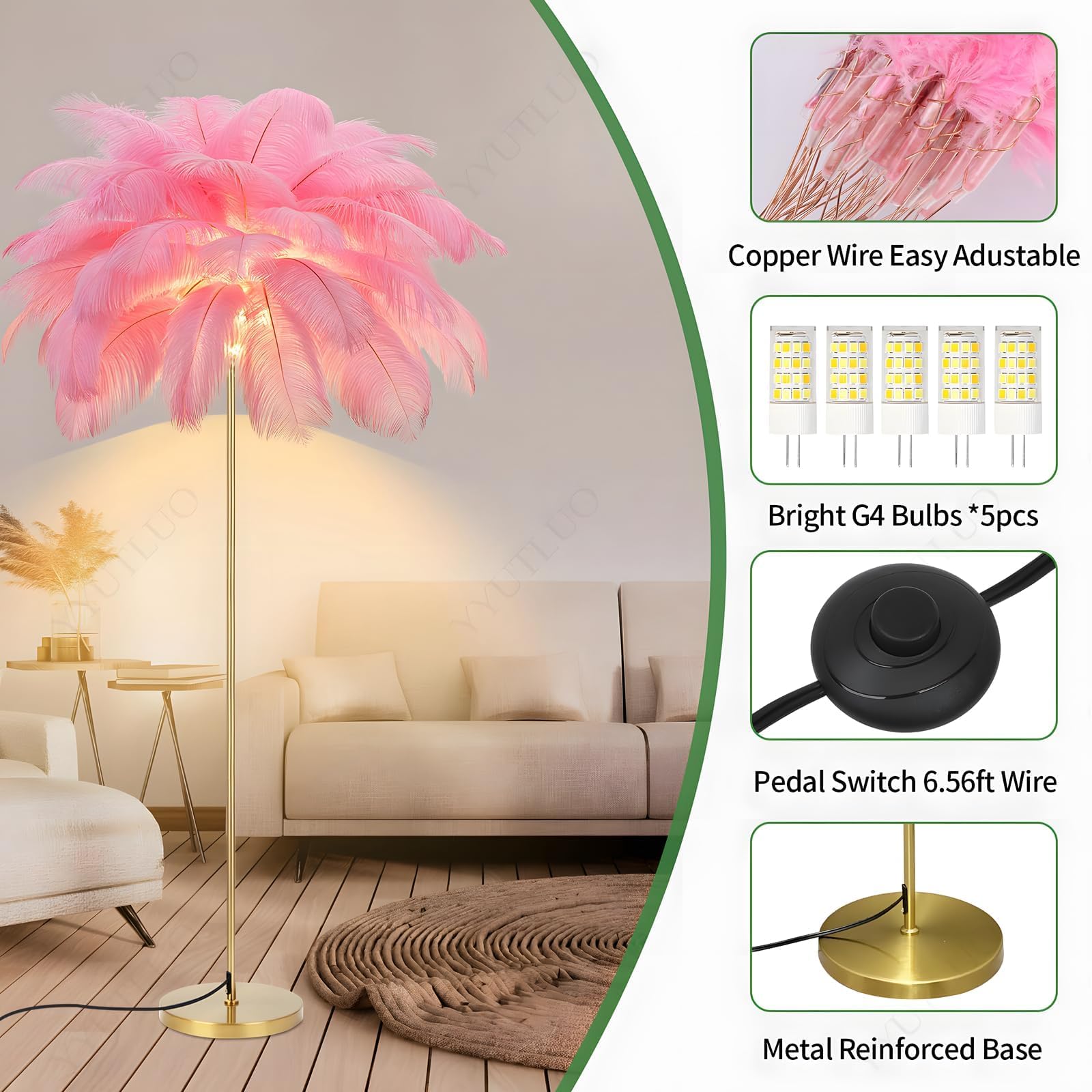Moderne Federlampe, Stehlampe Aus Natürlichen Straußenfedern, 160cm Hoch, Goldene Stange Und Sockel, Stehlampe, 3 Farbtemperaturen, G4 Led Lampen Wohnzimmer Kinderzimmer Schlafzimmer (Rosa)