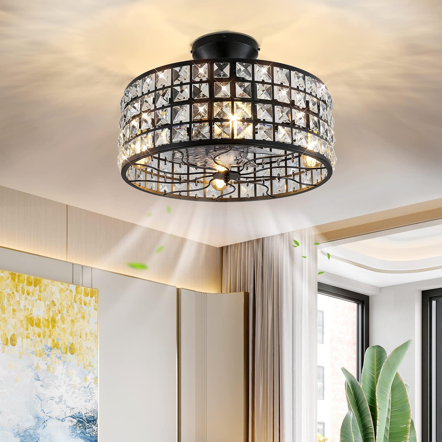 18inchCage Ceiling Fan with Lights Remote Control 8 Blades Rustic Crystal Chandelier Fan Industrial Bladeless for Living Dining Room Bedroom Kitchen Farmhouse