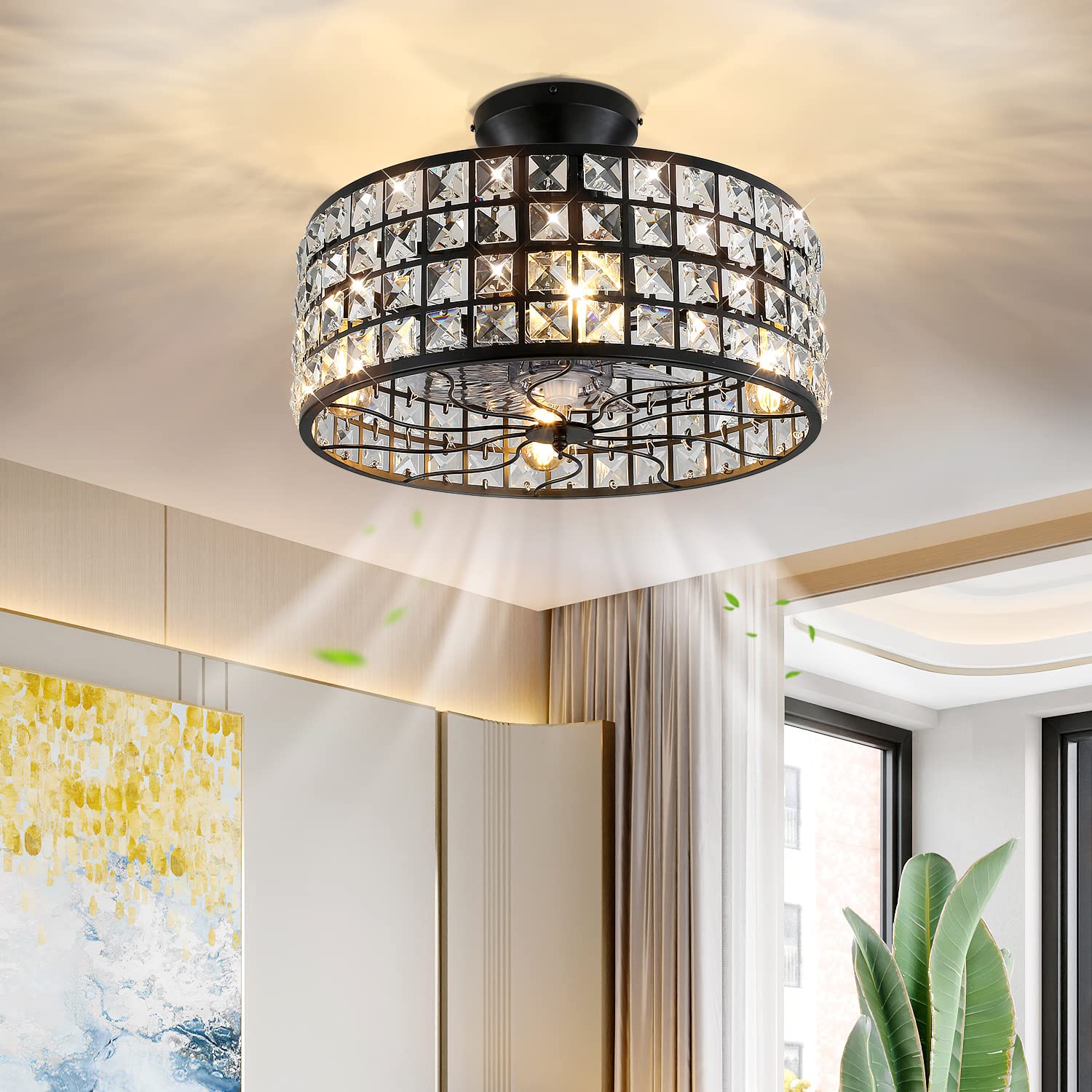 Photo 1 of OBCGT 18inch Industrial Ceiling Fan with Lights Remote Control 8 Blades Crystal Rustic Chandelier Fan Bladeless Black for Living Dining Room Bedroom Kitchen 18 inch crystal+ black metal