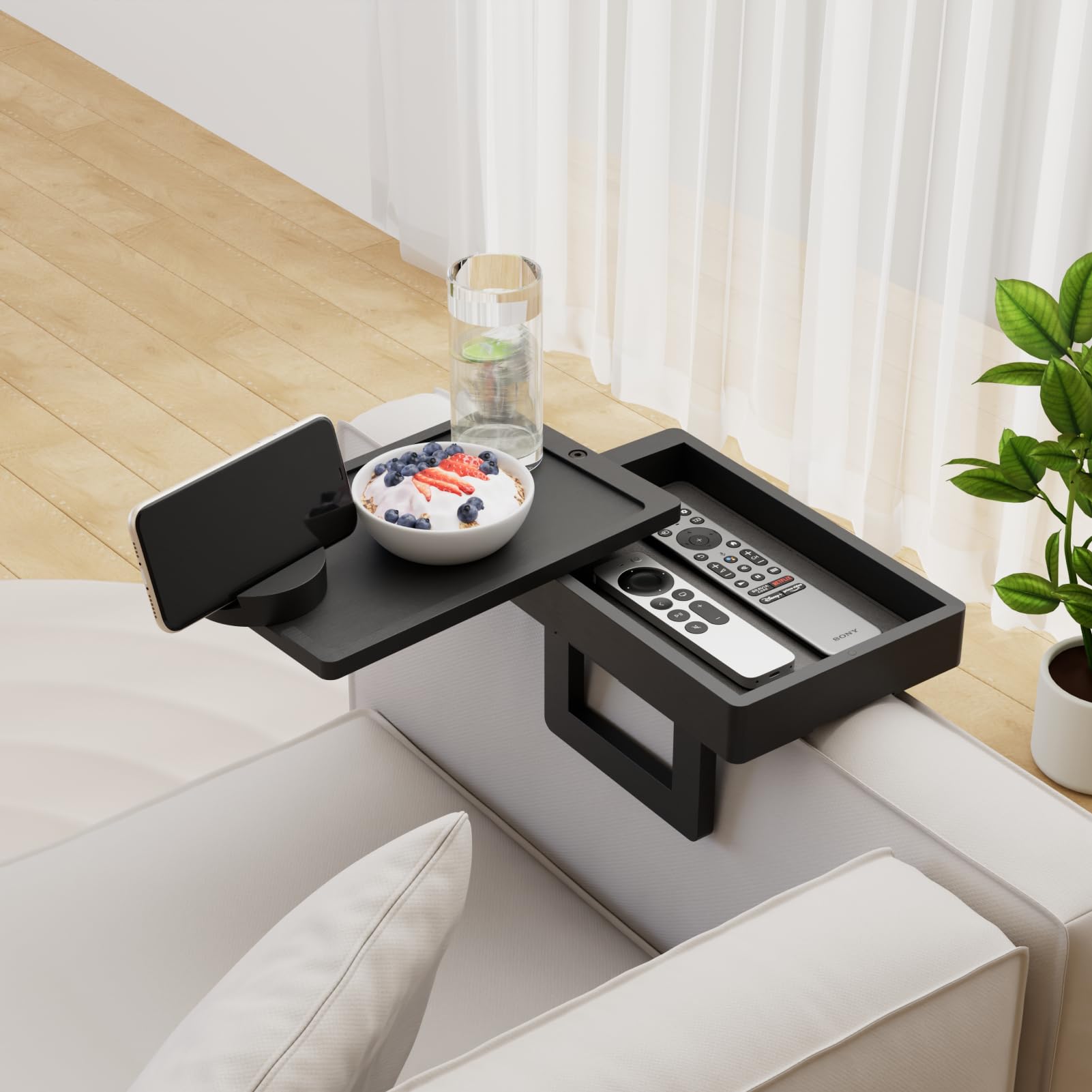 Wealone Mini Black Couch Arm Table for Narrow Armrest, Sofa Arm Tray with Storage Box, Rotating Tabletop & Phone Stand, Adjustable Sofa Arm Table Clip