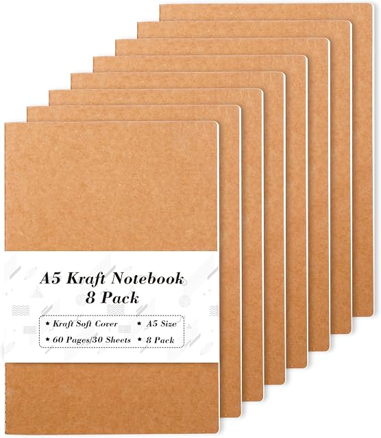 8 Pack Kraft Notebooks A5, Feela 60 Pages Lined Notepad Journal Bulk, Soft Brown Cover Multipack Notebooks for Students Travelers Making Plans, Writing Memos Office School Supplies, 14X21cm