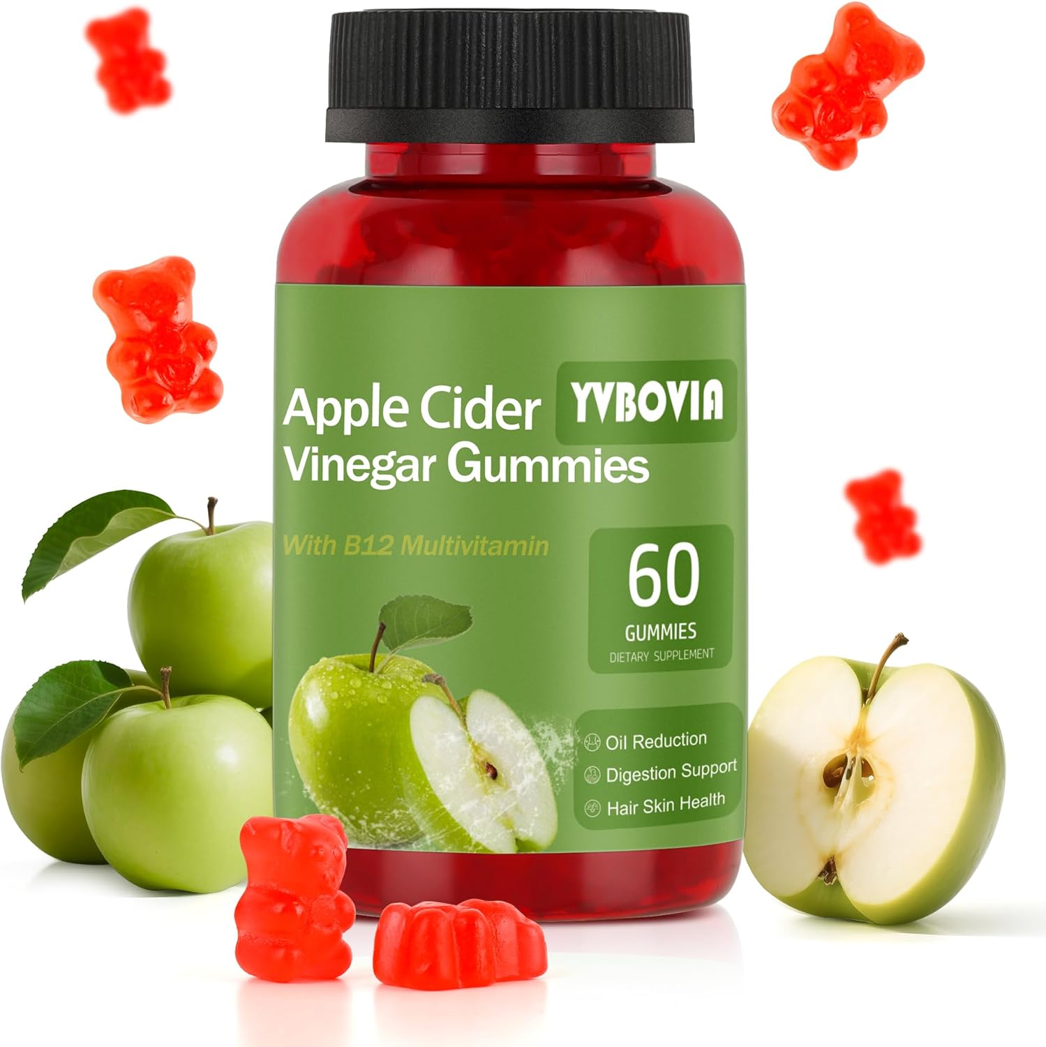 Apple Cider Vinegar Gummies with B12, ACV Supplement Gummy Vitamins,Gluten Free, Vegan, Non-GMO (60)