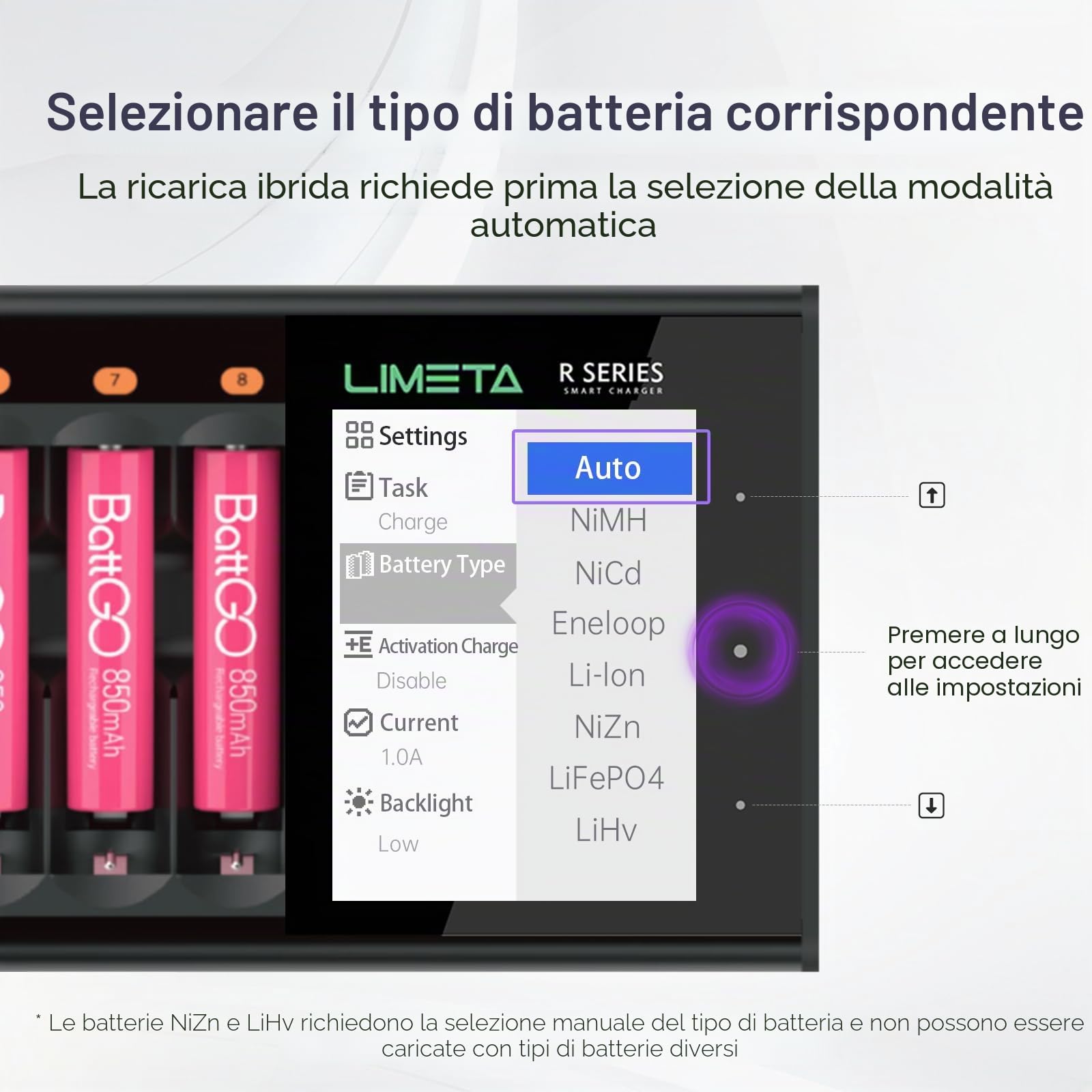 LIMETA R8 Caricabatterie 8 Slot AA AAA per Pile Ricaricabili 1,2V Ni-MH, Ni-Cd, NiZn, LiHv, Indipendente Ricarica Rapida con Funzione Scarica e Display LCD Touch Ingresso USB-C