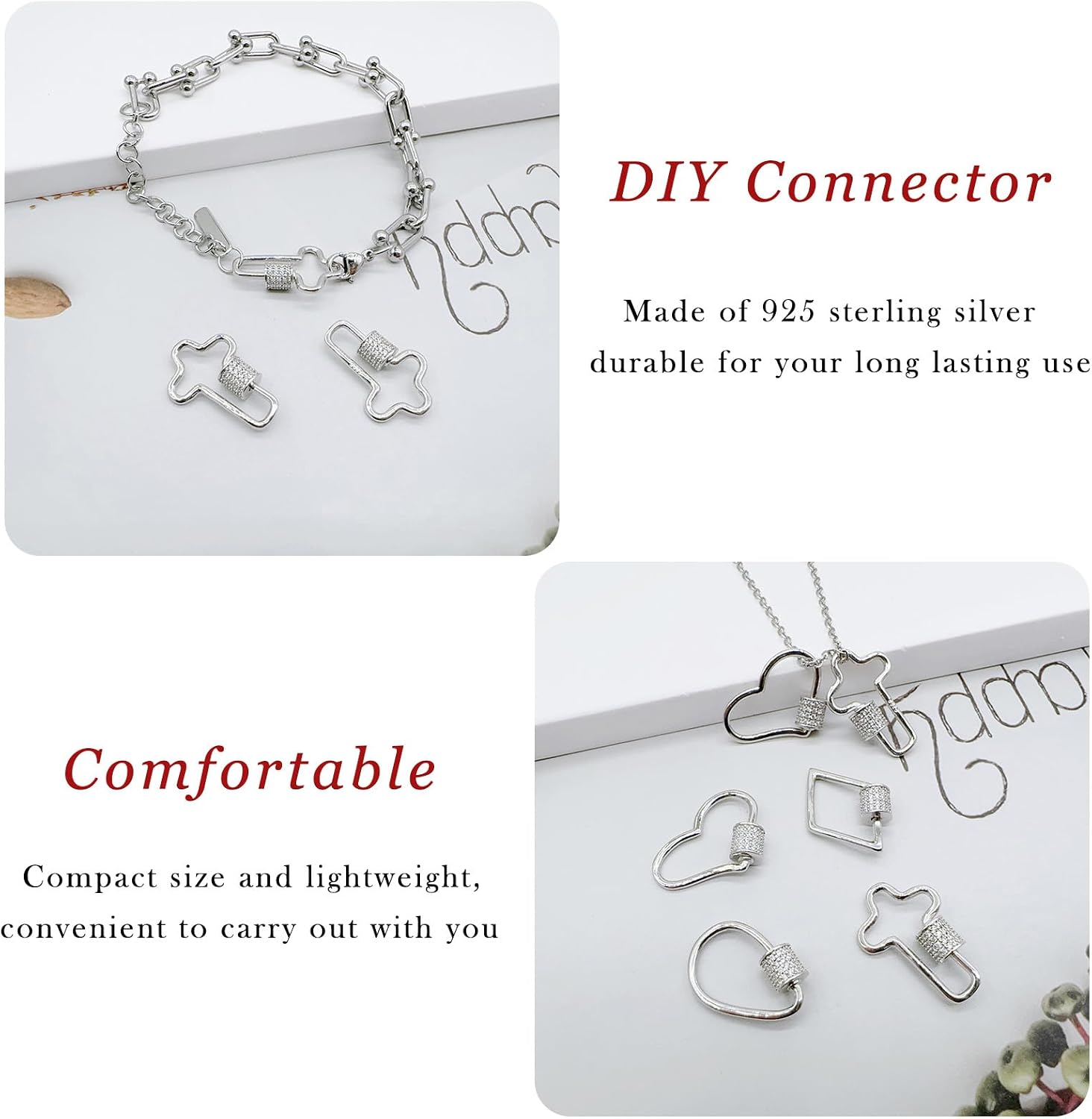 925 Sterling Silver Jewelry Screw Carabiner Micro Pave Cubic Zirconia Screw Clasp Carabiner Lock Charm for Necklace Bracelet Jewelry Making
