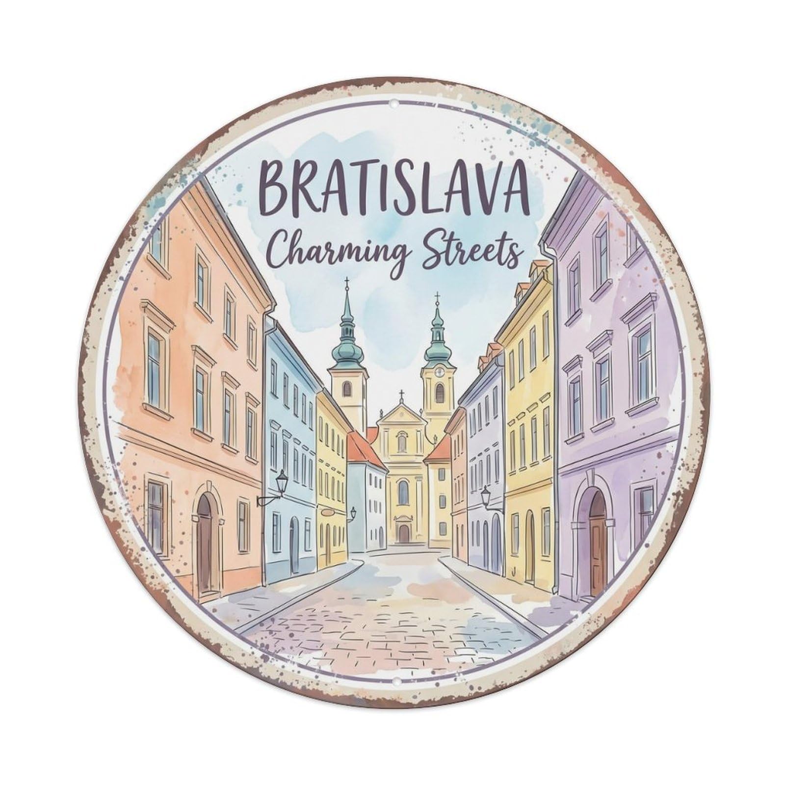 Cmhok Vintage Style-16 Vintage Travel Bratislava Oldtown Slovakia Artwork Metal Tin Sign Plaque Wall Decor For Cafe, Club, Garden Round Metal Poster 8X8inch
