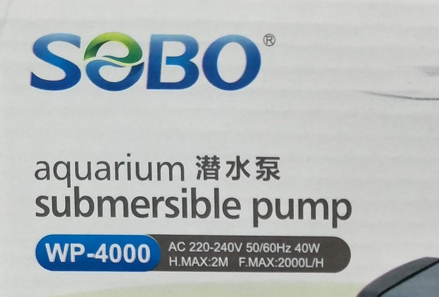 Close-up of SOBO WP-4000 product label with specifications