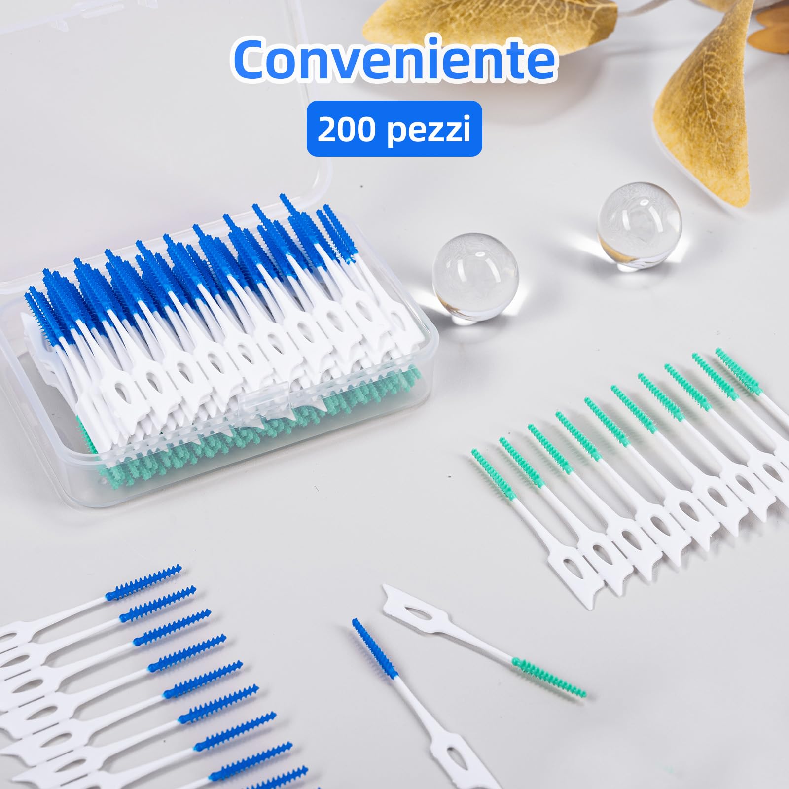 200 scovolini dentali, scovolino denti in morbido silicone con custodia, scovolini portatili in silicone a doppio uso per una pulizia delicata dei denti, ideali per apparecchi ortodontici(blu, verde)