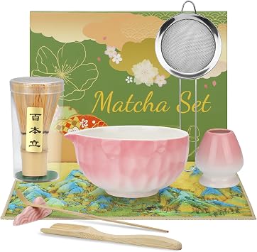 8PCS Matcha Whisk Set, Ceramic Matcha Kit Set Includes Bowl with Spout, Bamboo Spoon, Whisk, Holder, Sifter, Tea Cloth, Scoop and Scoop Stand Hammered Gradient Pink and White