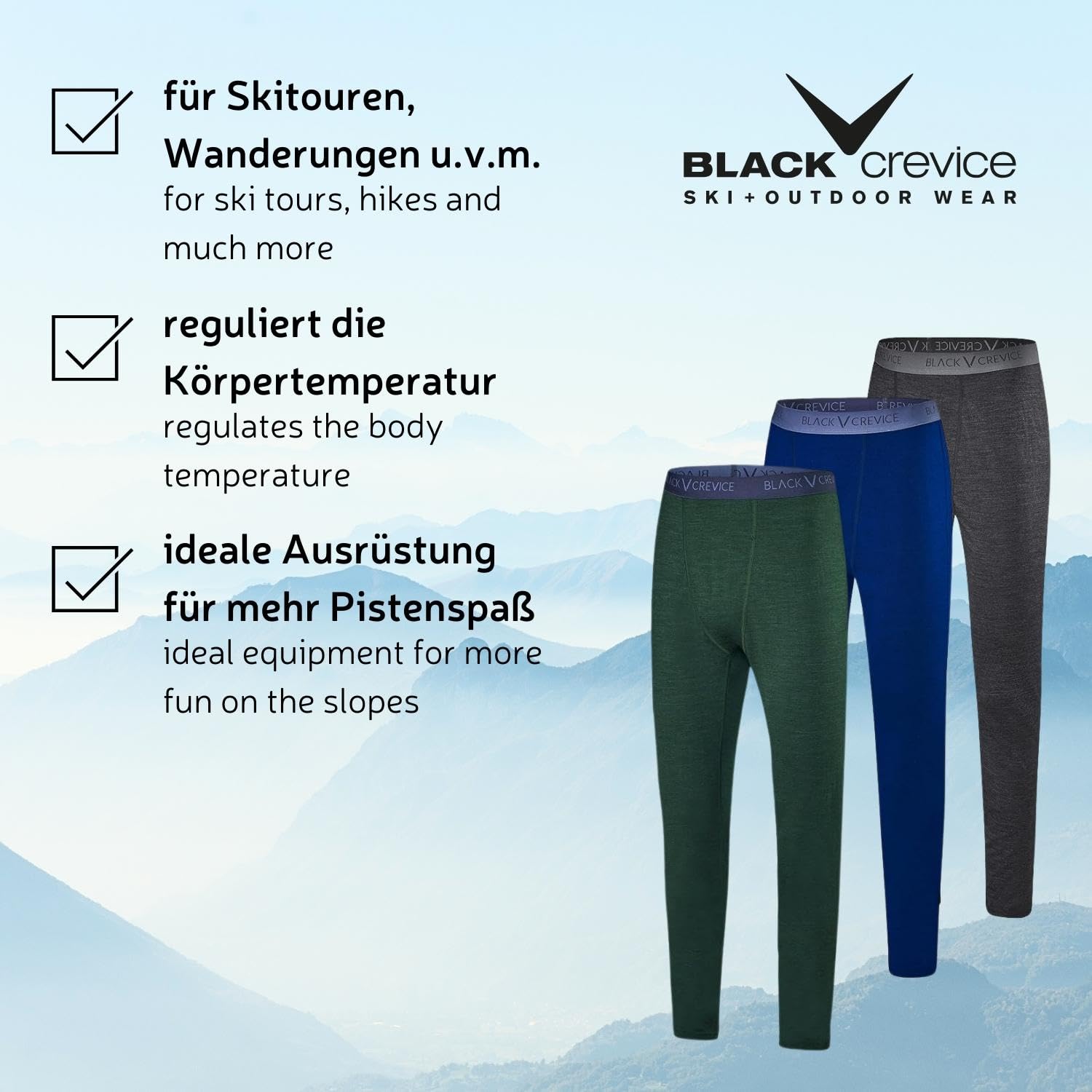 Black Crevice Leggings mérinos Homme I sous-vêtements mérinos de Haute qualité I sous-vêtement de Ski 70% Laine mérinos & 30% Polyester (PES) I Leggings mérinos Homme thermorégulateur