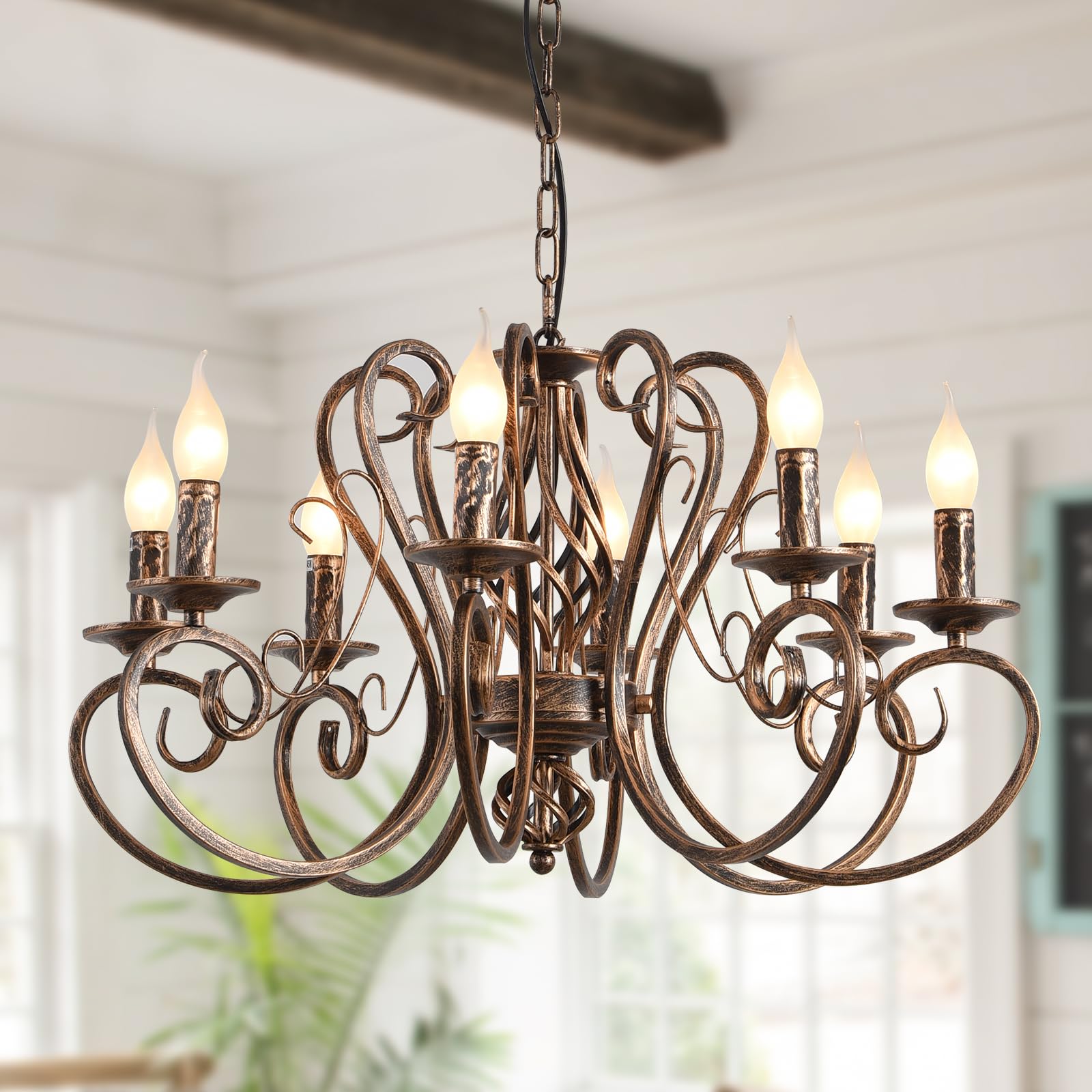 Ganeed Candelabros, Candelabro colgante de país francés de 8 luces, Lámpara colgante de metal rústico vintage Iluminación colgante ajustable, Luz de sala de estar, Candelabro de cocina