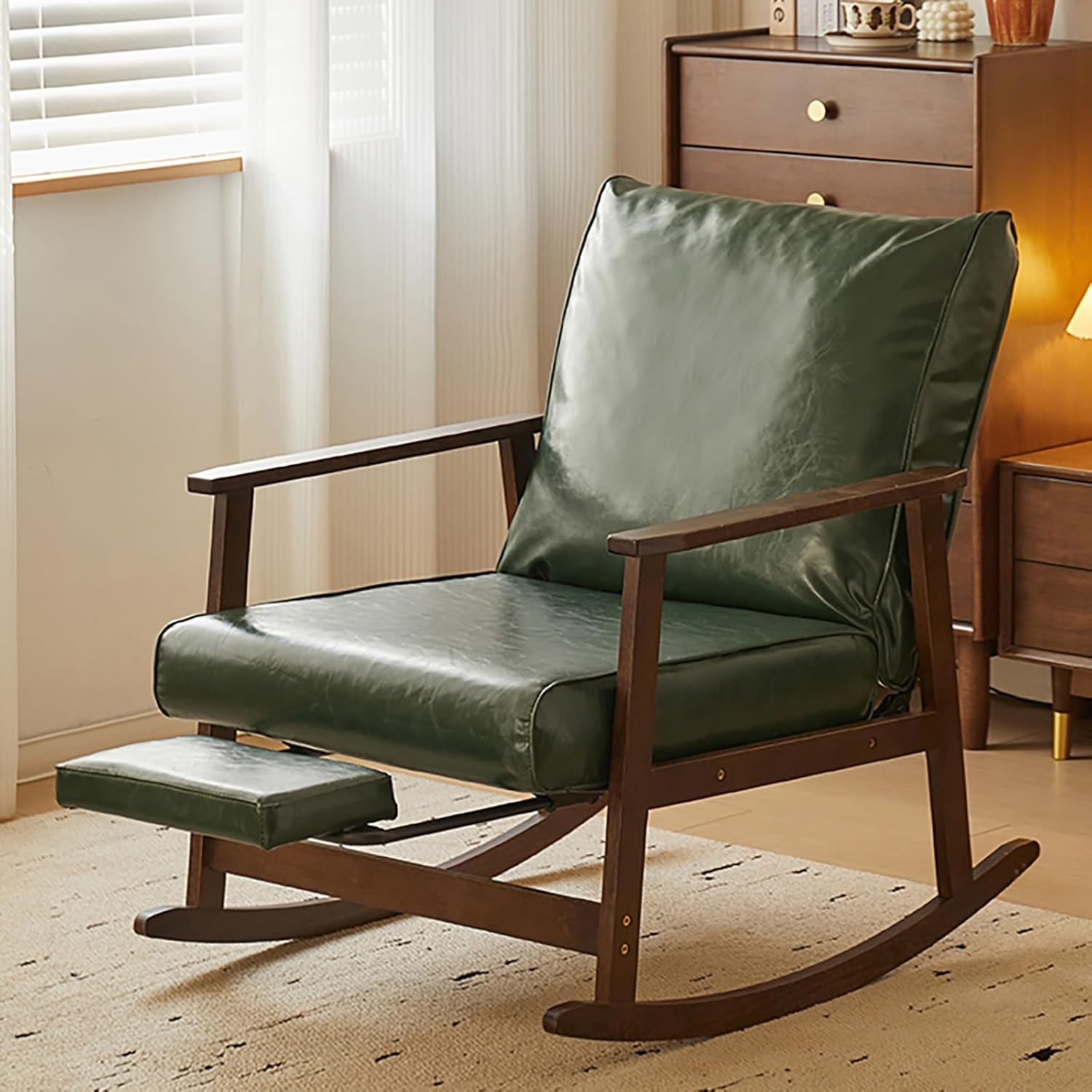 Oversized Rocking Chair with Cushion, Nursery Rocking Chair with Adjustable Footrest for Living Room, Upholstered Recliner Chair High Back with Armrests, Three-Position Adjustable Backrest for Bedroom