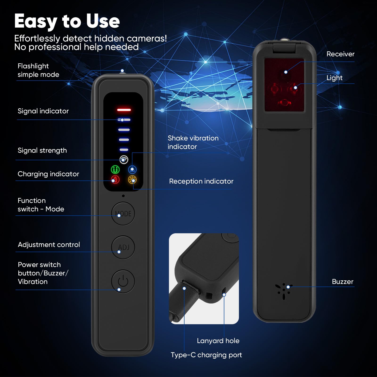 Détecteur de Caméra et Micro Espion, Détecteur de Caméra Cachée avec Détection RF et Champ Magnétique pour Hôtel, Bureau, Voiture, Voyage, Protection de la Vie Privée et Sécurité