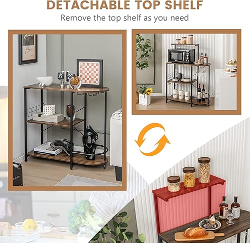 Miniatura 5 de Giantex Estante de cocina para panaderos, soporte para microondas de 4 niveles con 6 ganchos y estantes para copas, estante superior desmontable