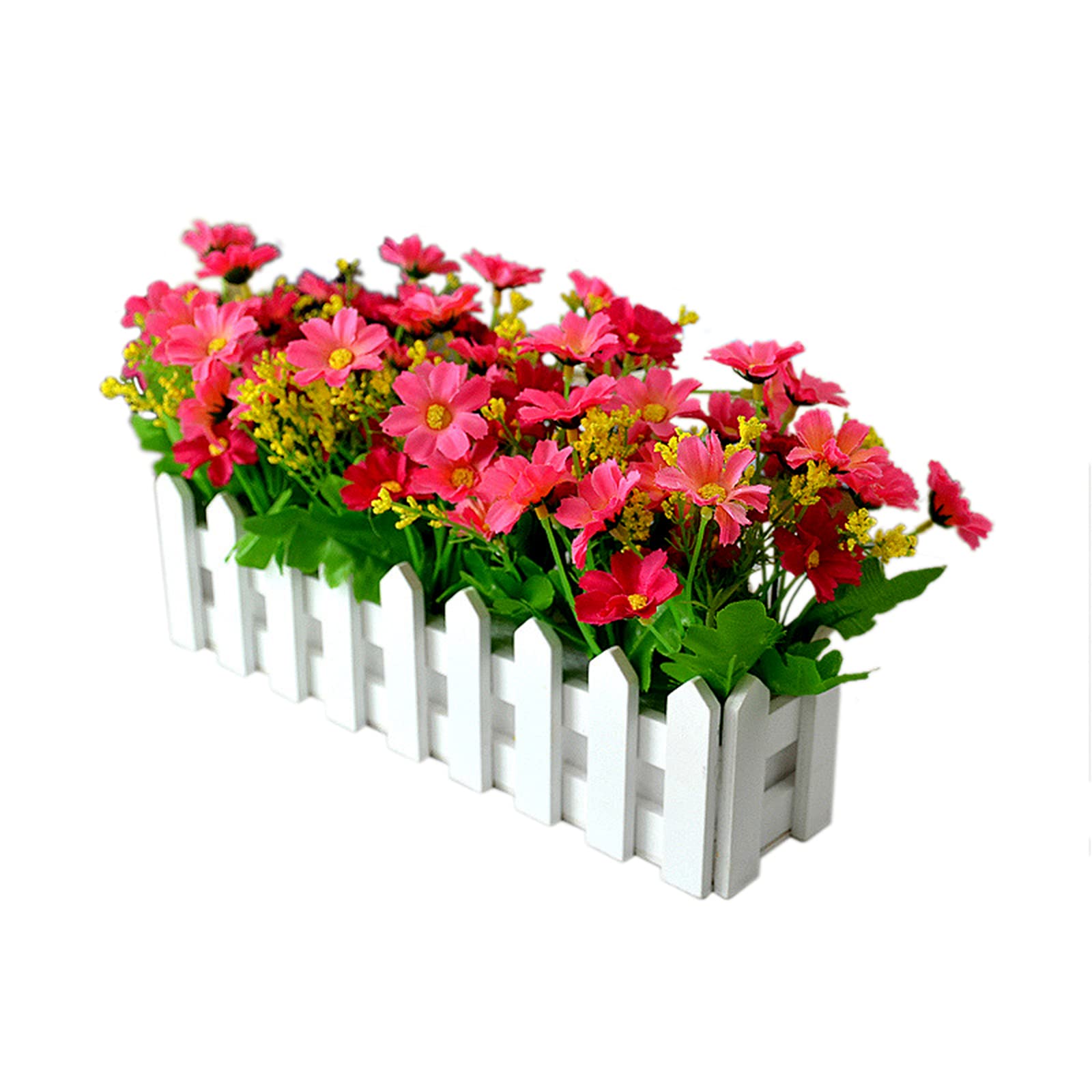 Marooma Rose Red Artificial Flowers In Picket Fence Pot - Fake Jumping Orchid Chrysanthemum Plants - Mini Potted Plant For Indoor Farmhouse Wedding Home Decor(Rose Red)