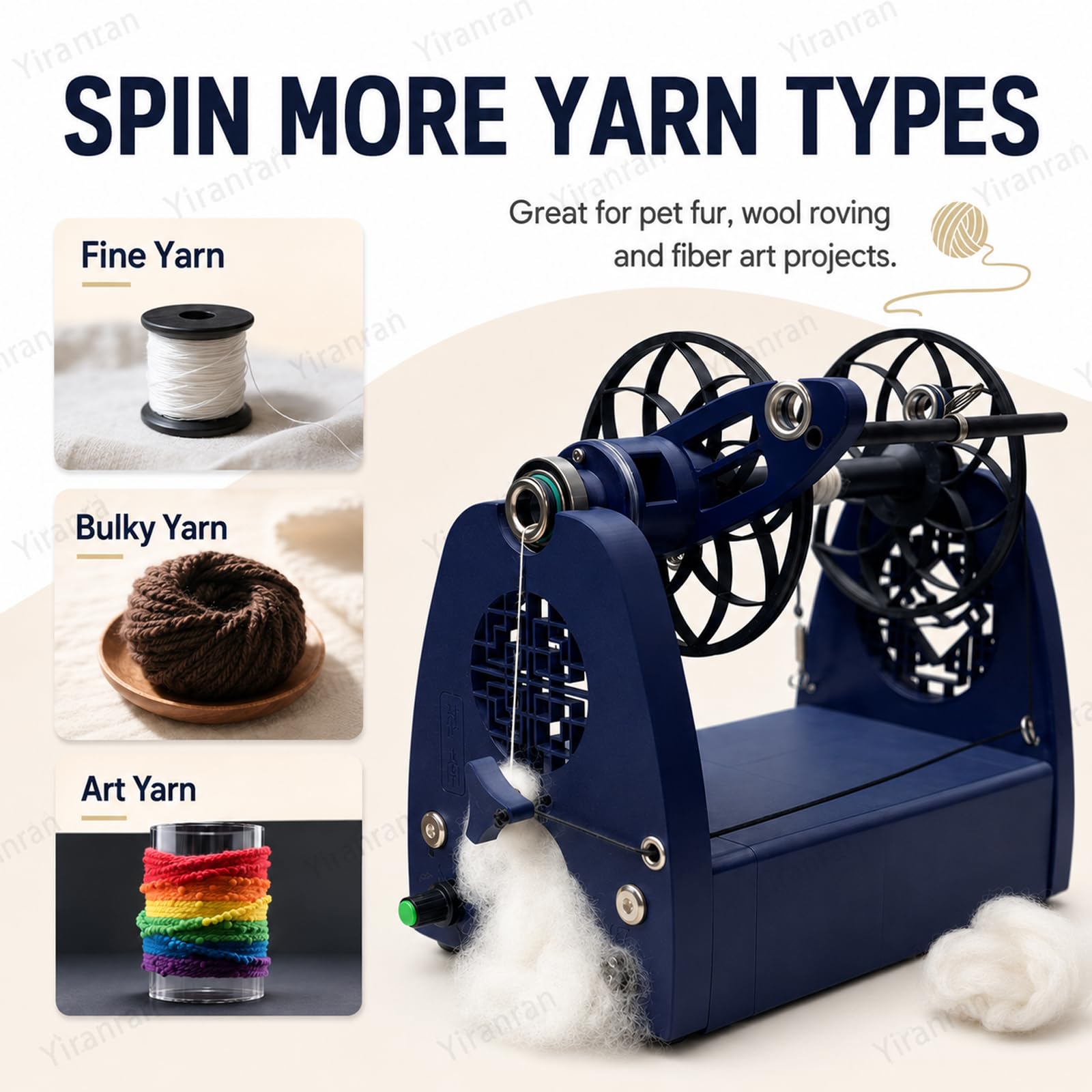 Przędza Spinner Winder Koło spinningowe do wełny, elektryczna maszyna do nawijania wełny, sterowanie pedałem nożnym, regulowana prędkość, reduktor 6 mm i 3 szpule do tkania wełny, mieszania i