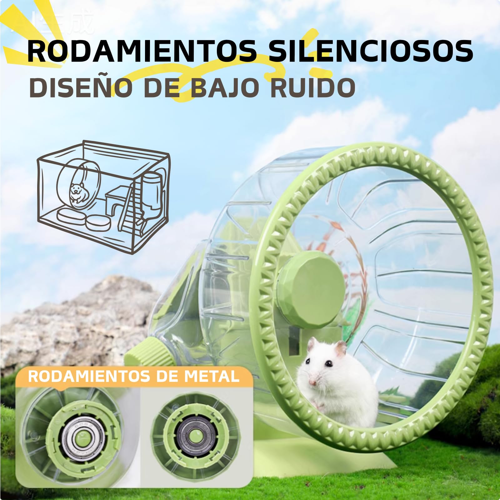 Rueda 4 en 1 para Hámster, Casa de Hámster con Rueda de Carreras, Cuenco de Comida, Botella de Agua y Escondite, Juguetes de Carreras y Ejercicio para Pequeños Animales (Verde, 16cm)