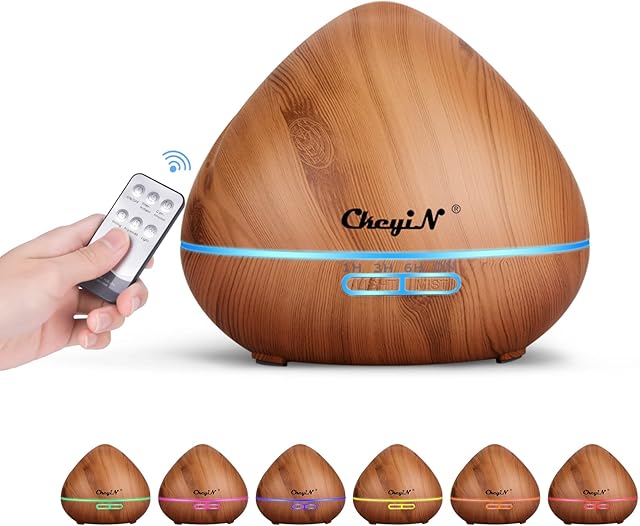CkeyiN 500ml Essential Oil Diffuser with Remote Control, Cool Mist Humidifier, 12 Hours Operation Ultransonic Aroma Diffuser with Waterless Auto-Off & 7 LED Colors for Bedroom, Spa (Wood Grain)