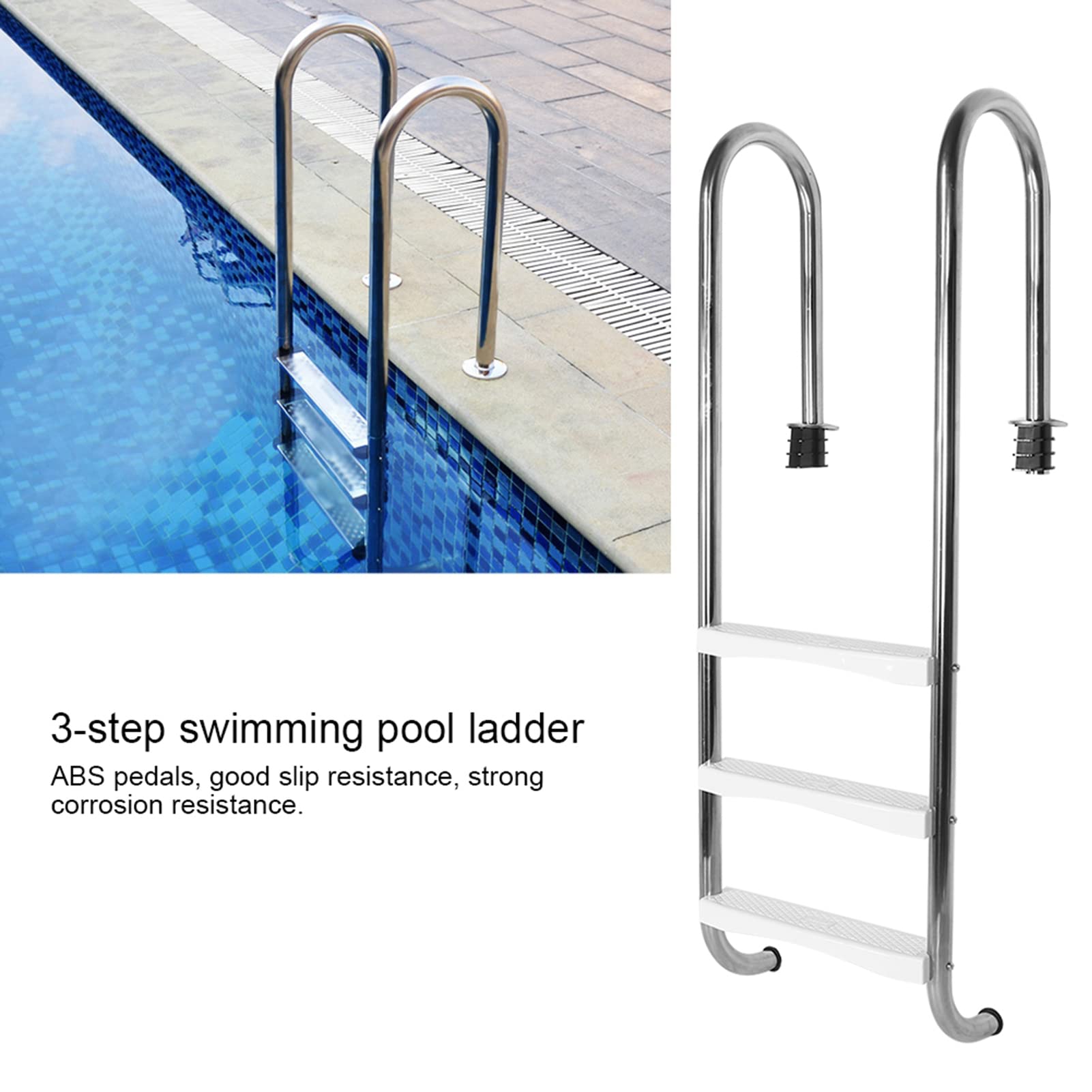 HEEPDD Scaletta per Piscina a 3 Gradini in Acciaio Inossidabile 304, Pedale Antiscivolo per Scale Altezza 150 Cm con Gradini in ABS per Vasca da Bagno Fuori Terra