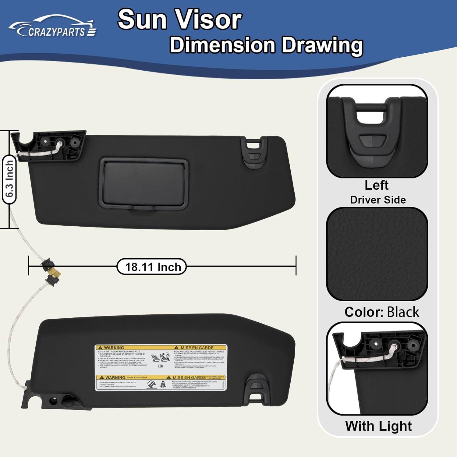 Driver Side Sun Visor Compatible with 2018-2023 Jeep Wrangler 2020-2023 Jeep Gladiator with Light Replacement# 6BR80TX7AQ