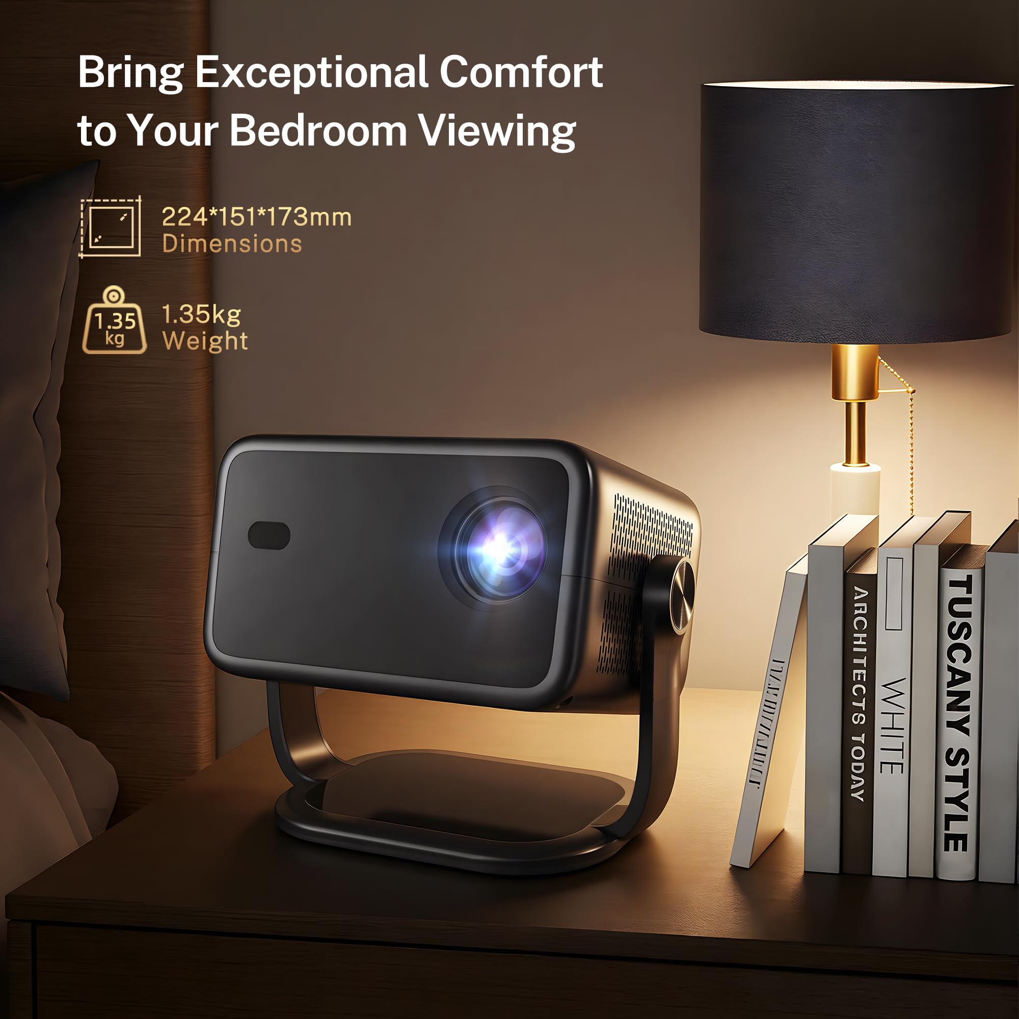 Proyector Inteligente 1080P Nativo 800 ANSI, Android 14, Soporta 4K/8K | Control Remoto Air Mouse, Enfoque y Corrección Automáticos por IA, WiFi 6 y BT 5.4, Audio Hi-Res, Compatible con Netflix