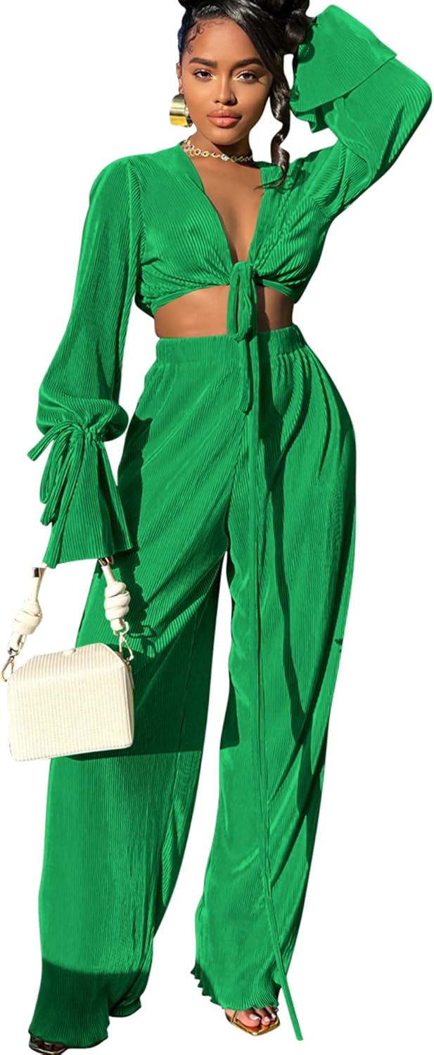 Doweha Conjuntos de dos piezas para mujer, conjunto de verano lindo Plisse conjunto de descanso, conjuntos de manga acampanada y pantalones sexy de