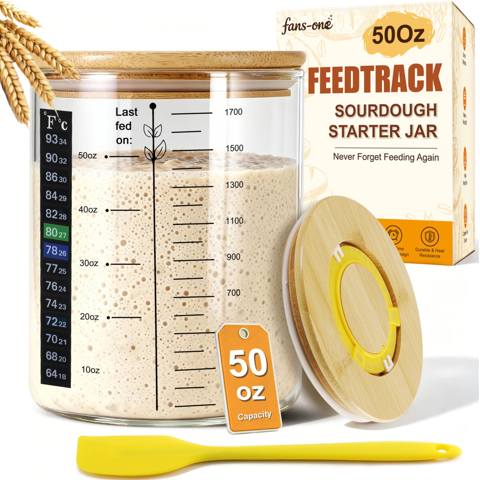�️Premium Sourdough Starter Jar - 50 oz Large Glass Jar with Bamboo Lid, Cloth Cover, Date Tracker, Thermometer and Scra — beauty deal on Shopping With Noya
