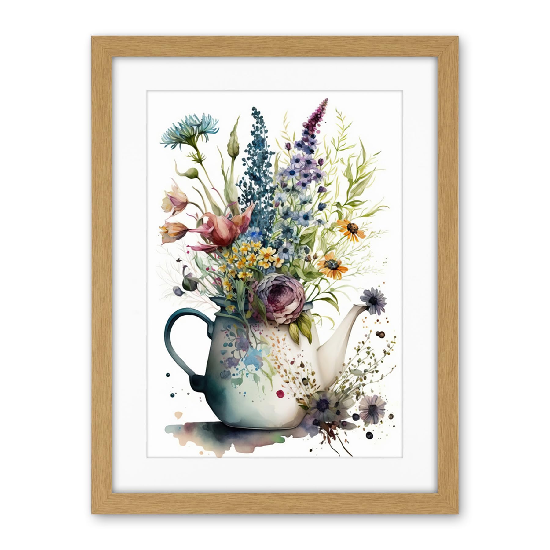 Artery8 Spring Wildflower Floral Bouquet in a Teapot Vase Artwork Framed Wall Art Print 18X24 Inch