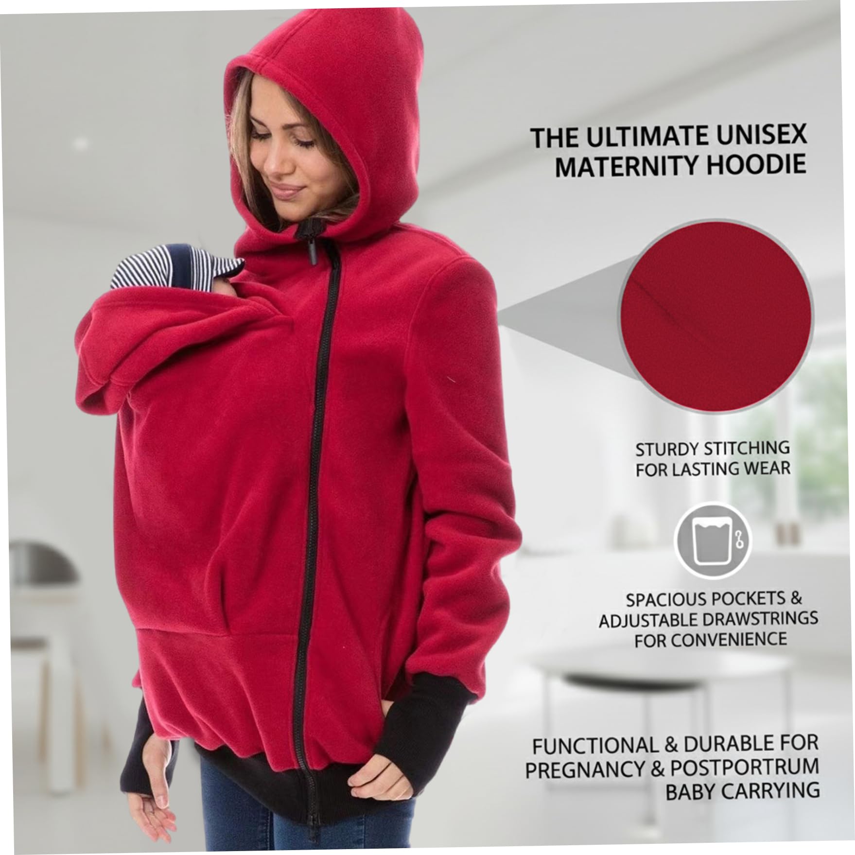 Umstands-Hoodie, 3-in-1-Kapuzenpullover mit Abnehmbarer Tasche, weiche, warme Baby-Tragejacke für den Winter, gemütliche Multifunktions-Umstandsjacke für Mama und Baby, Rot, Hoodies