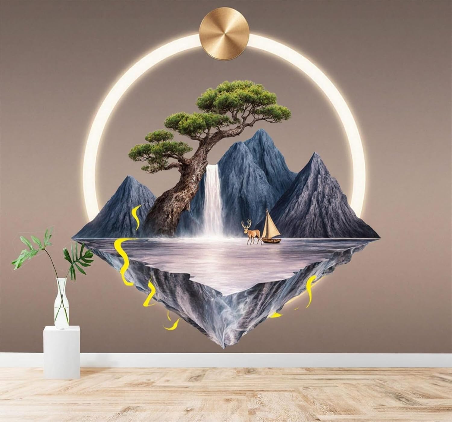 Tzxztt Floating Island Waterfall Deer Sailing Ship Mountain Range Modern 3D Wallpaper Premium Textured Silk Neutral Tones Material Ideal for Living Room Bedroom-200cm×140cm